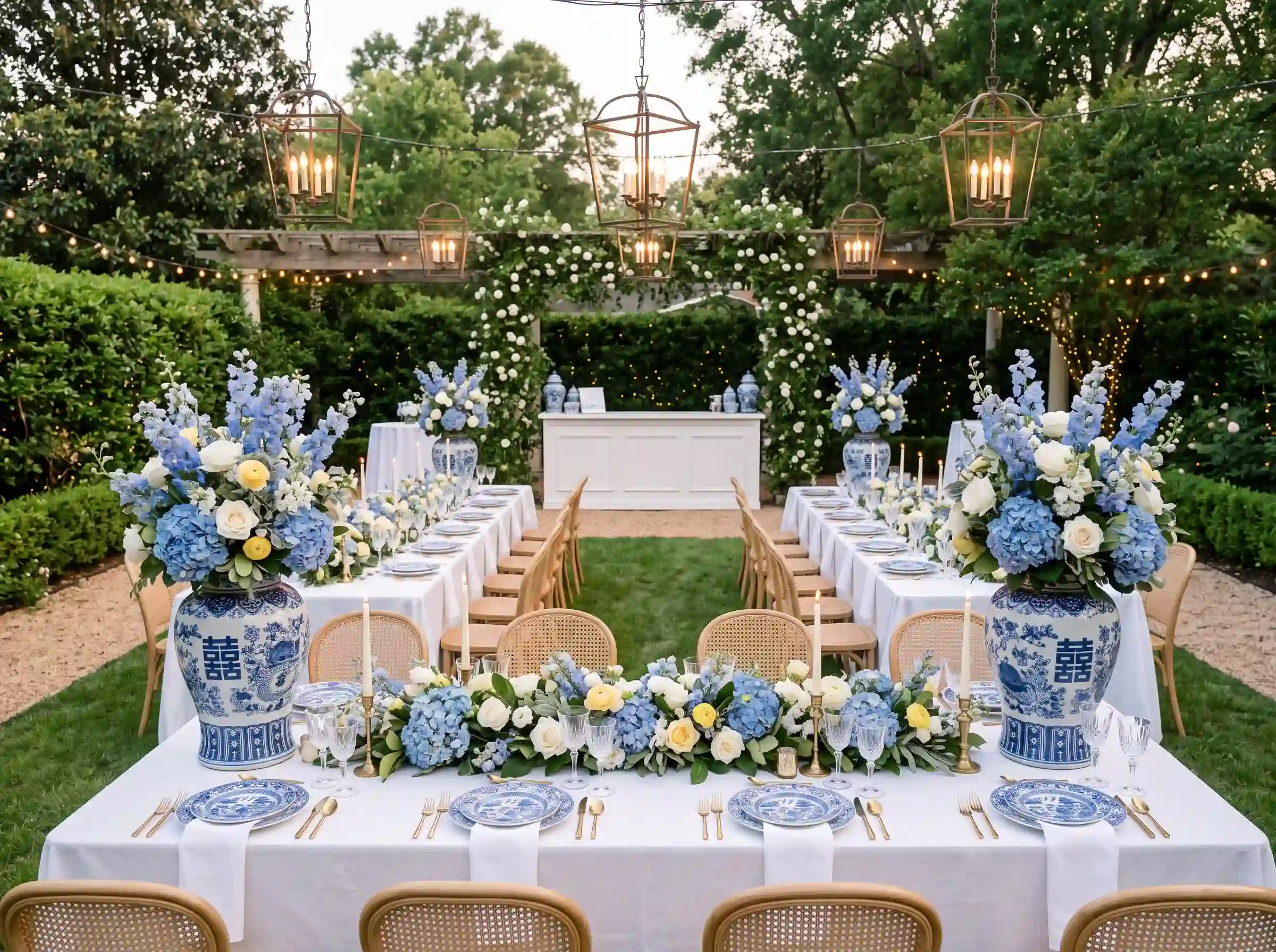 Classic blue porcelain garden reception with ginger jar centerpieces rattan chairs and blue hydrangea arrangements