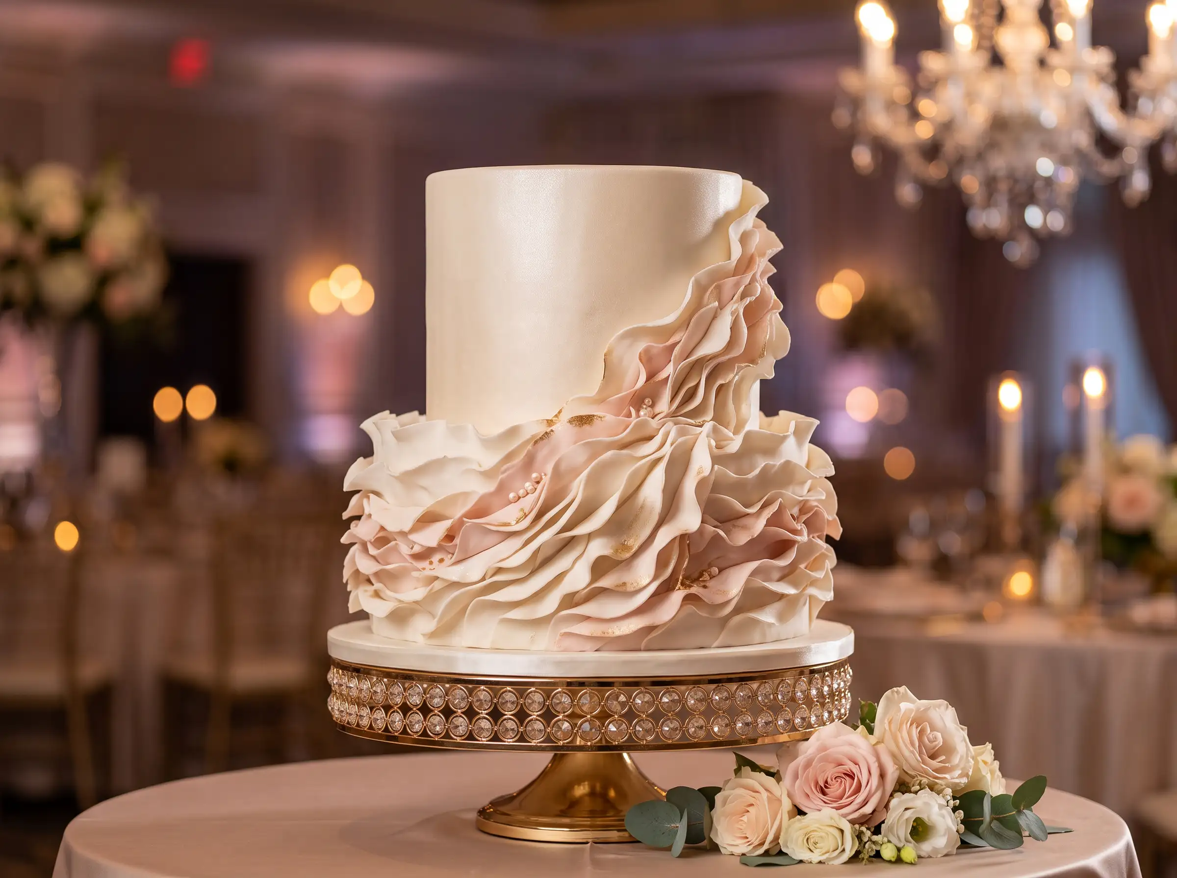 Two-tier champagne wedding cake with flowing fondant ruffle texture and soft golden shimmer