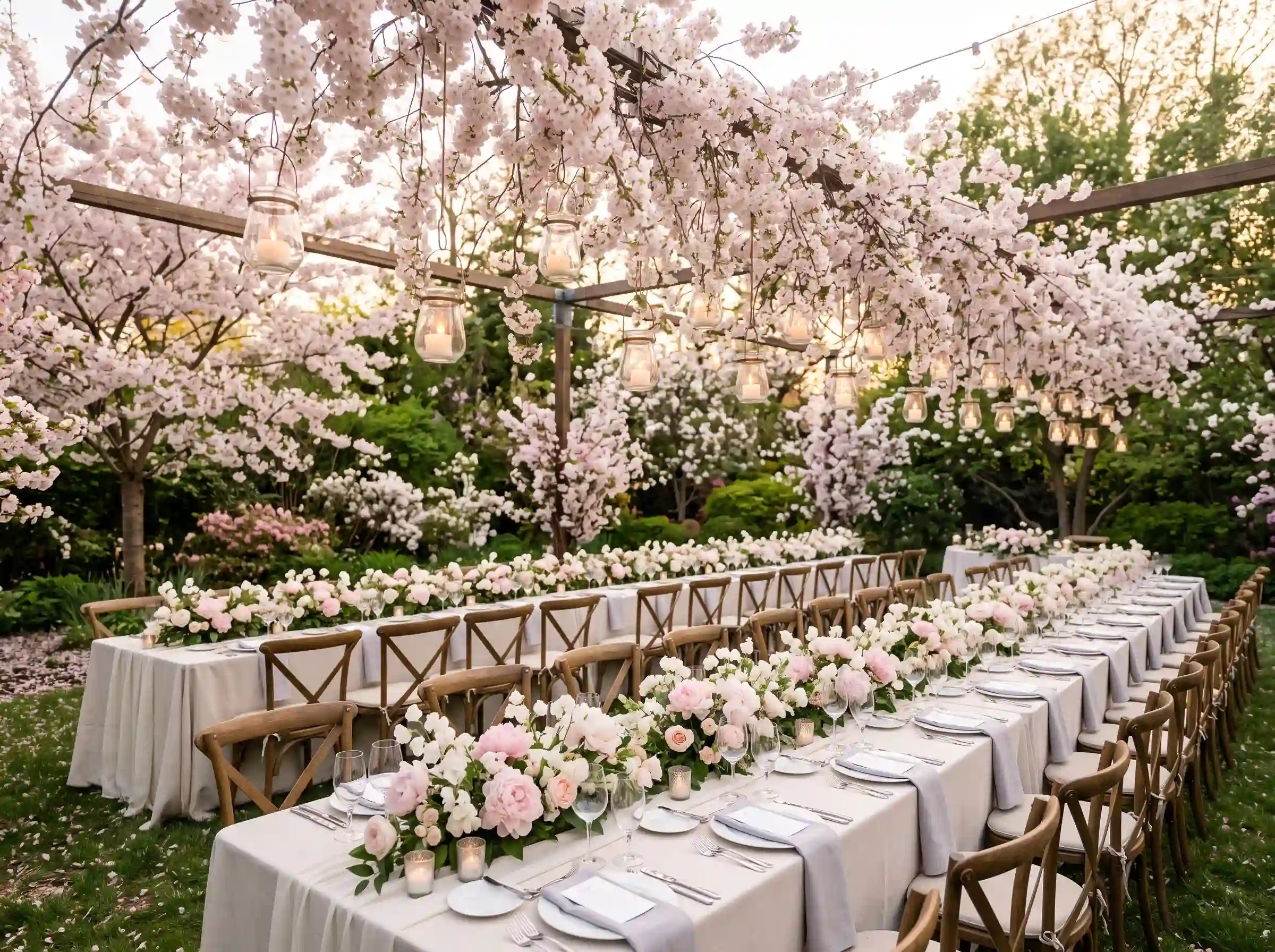 Cherry blossom garden dinner reception with delicate pink blossoms and elegant place settings on white linens