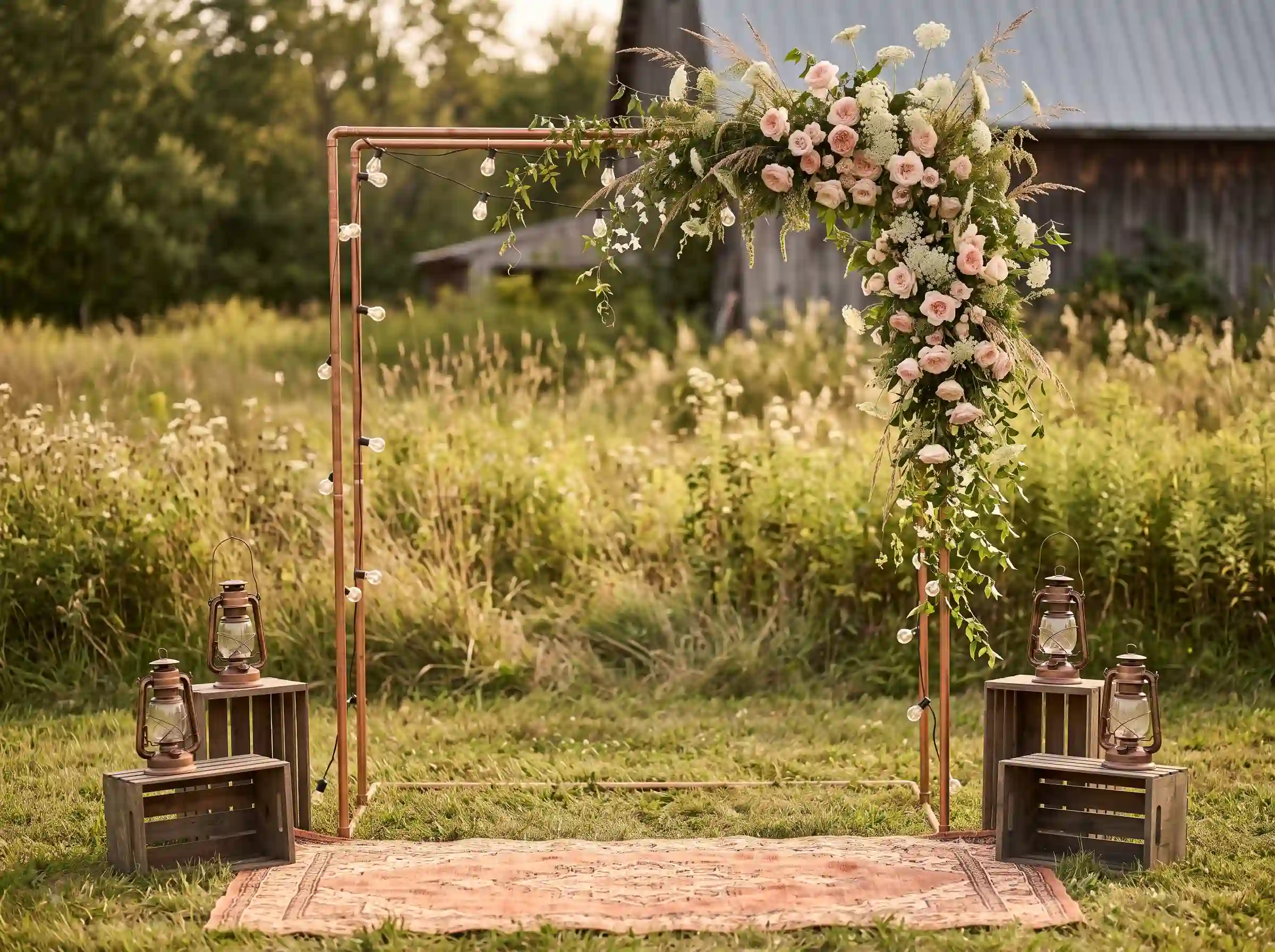 Copper pipe ceremony arch with asymmetric blush roses wildflowers and trailing jasmine vine for rustic wedding