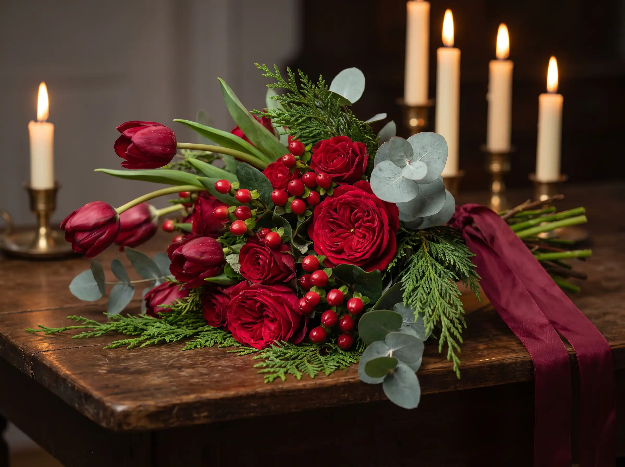 Festive crimson tulip bouquet with red garden roses hypericum berries and cedar greenery