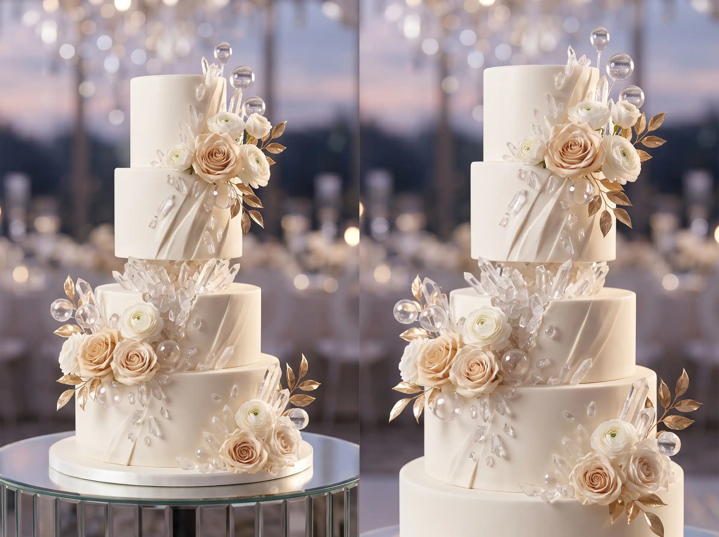 Sparkling champagne-toned wedding cake with crystal accents and luxurious shimmer