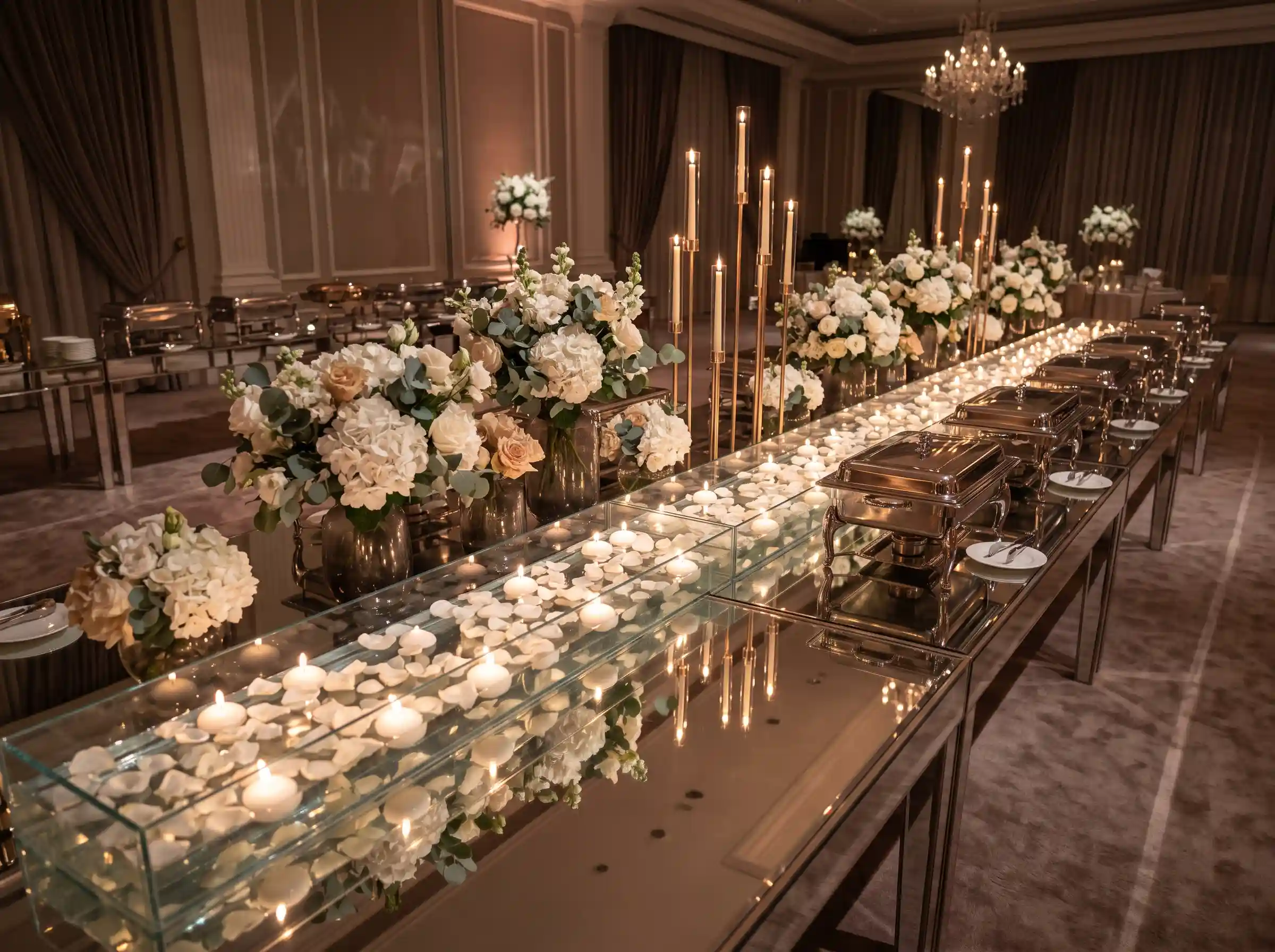 Elegant floating candle wedding buffet display with mirrored table, gold candelabra, white roses, and glowing chafing dishes in a ballroom