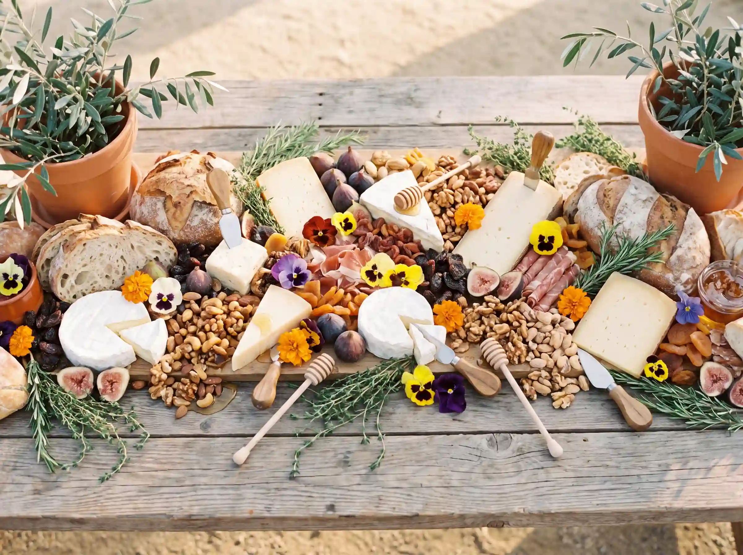 Abundant grazing table with seasonal cheeses rustic breads fresh figs honey and edible flowers on farm wood