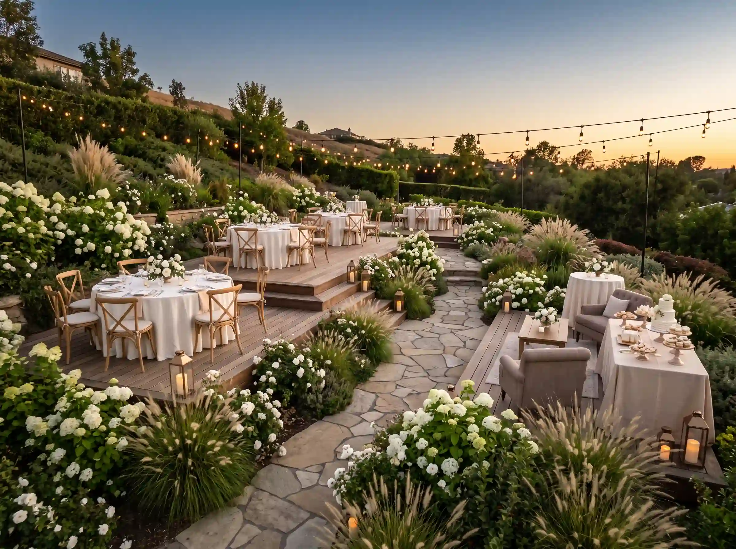 Layered terrace reception with raised wooden platforms, stone pathways, ivory tables, and ornamental grasses