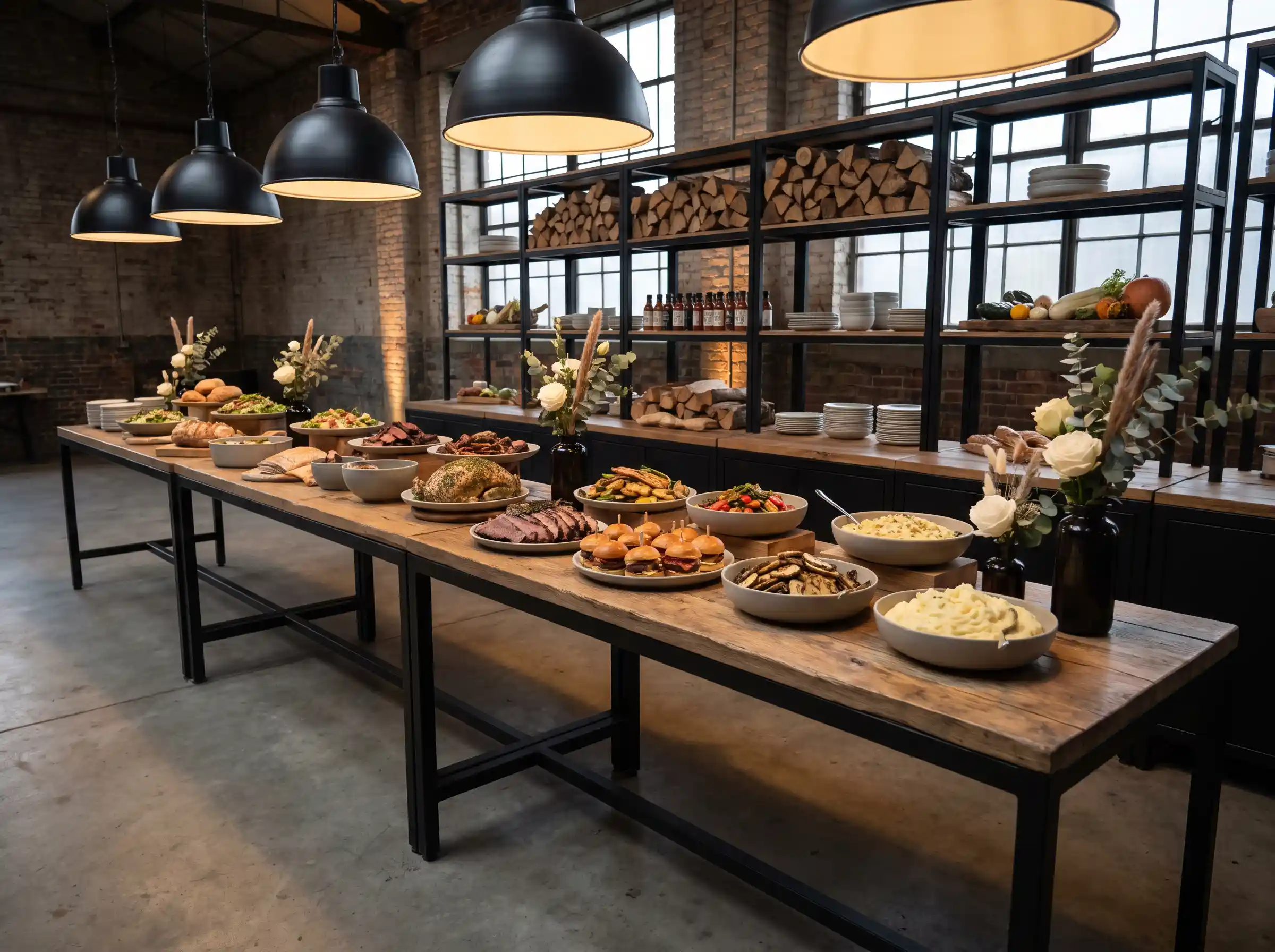 Industrial farmhouse smoke market wedding buffet with black steel shelving and eucalyptus arrangements