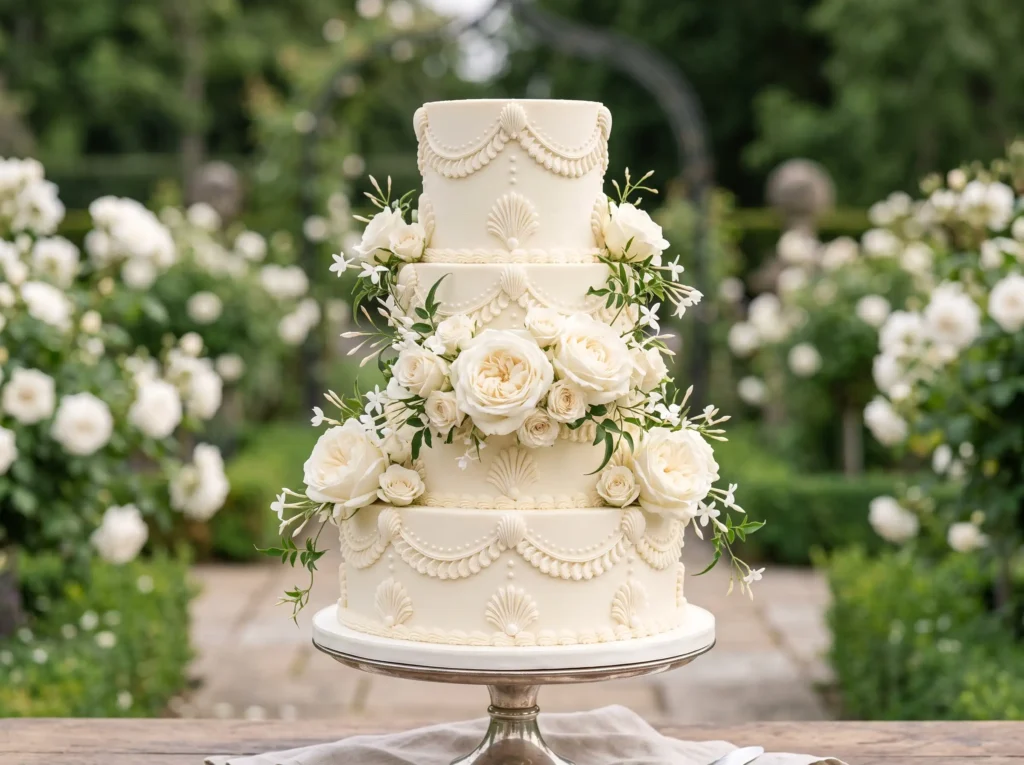 Ivory Rose Garland Inspiration A timeless Engli Ivory rose garland wedding cake