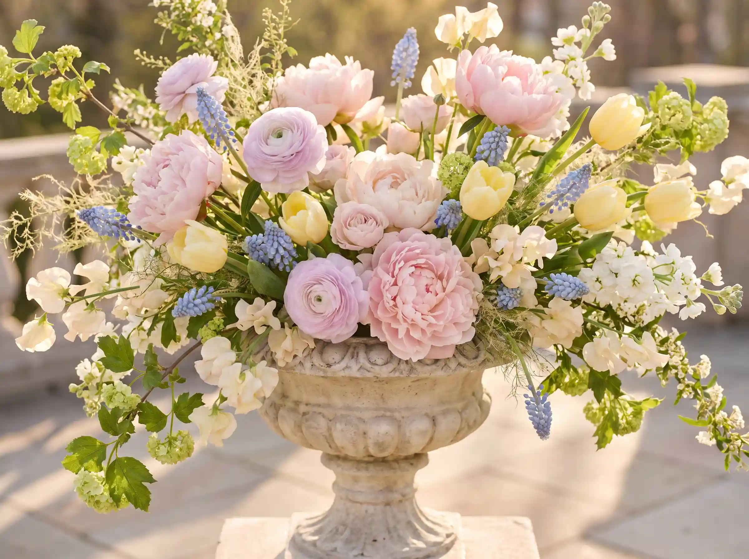 Pastel spring symphony wedding flowers with blush peonies ranunculus sweet peas and golden hour lighting