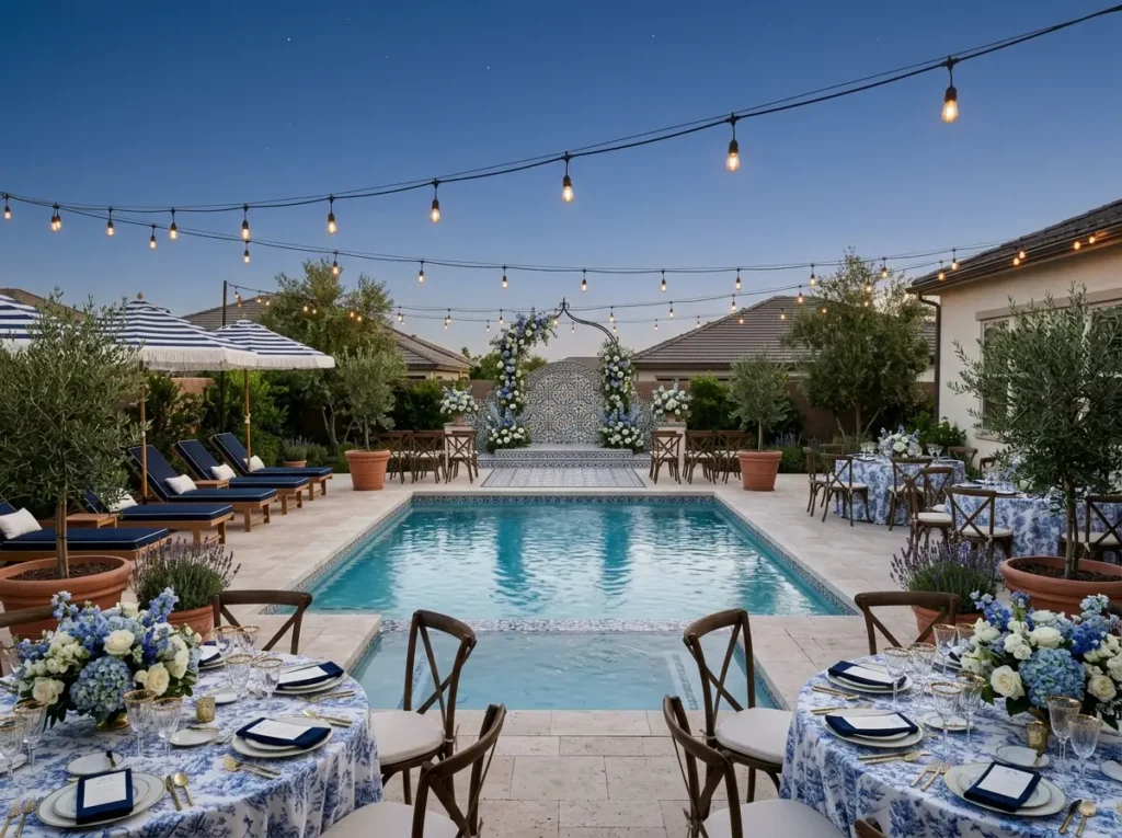 Riviera Blue Evenings Inspiration European reso Riviera Blue backyard wedding