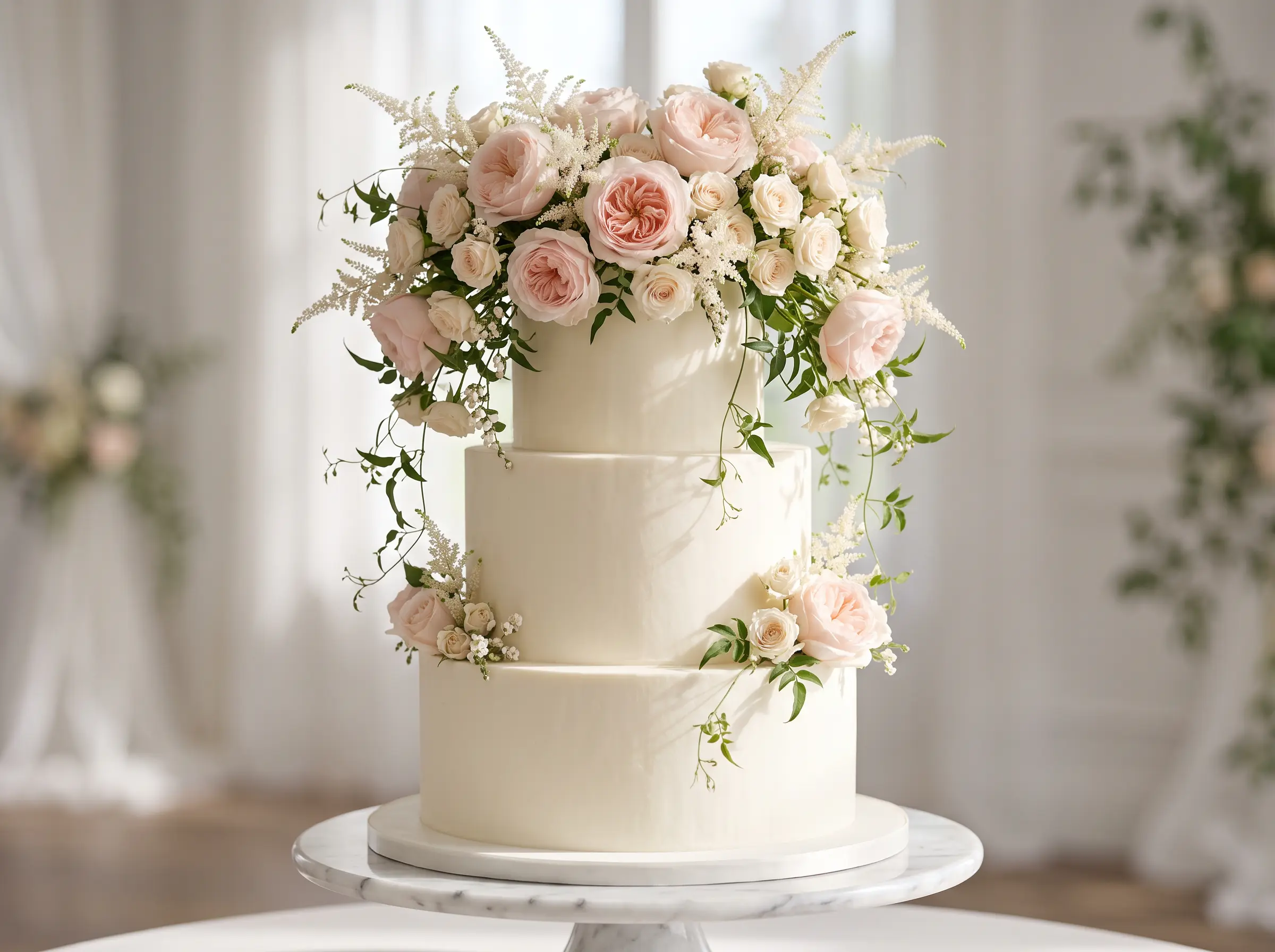 Romantic wedding cake with garden roses forming a lush canopy across all tiers in soft pink