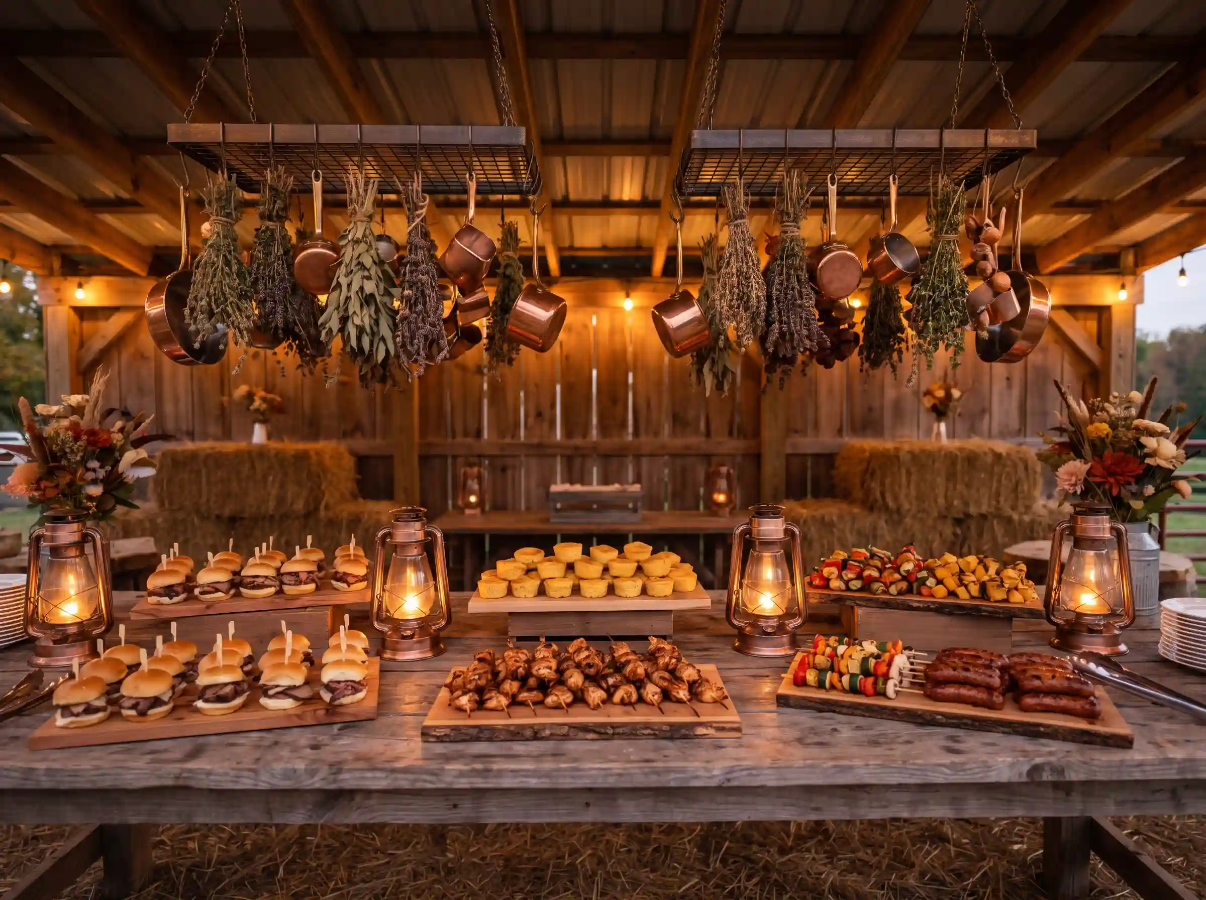 Smoked BBQ wedding cocktail bites on cedar boards with copper lanterns and suspended herb racks