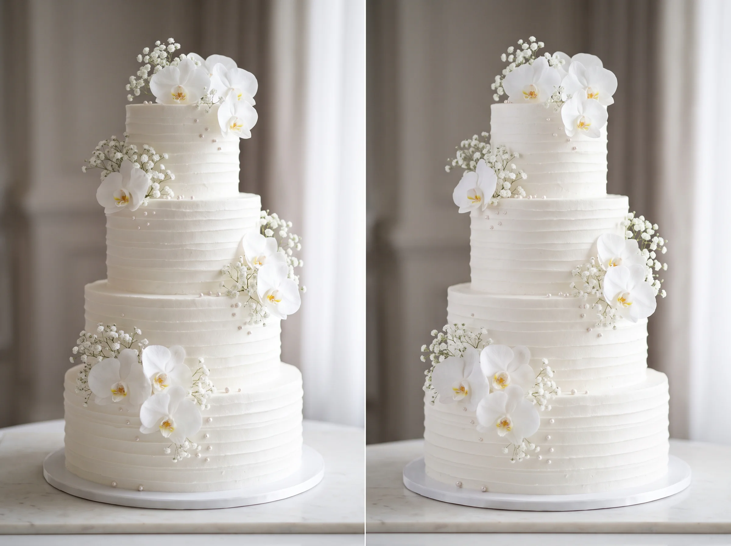 All white textured wedding cake with orchid details evoking fresh snowfall elegance