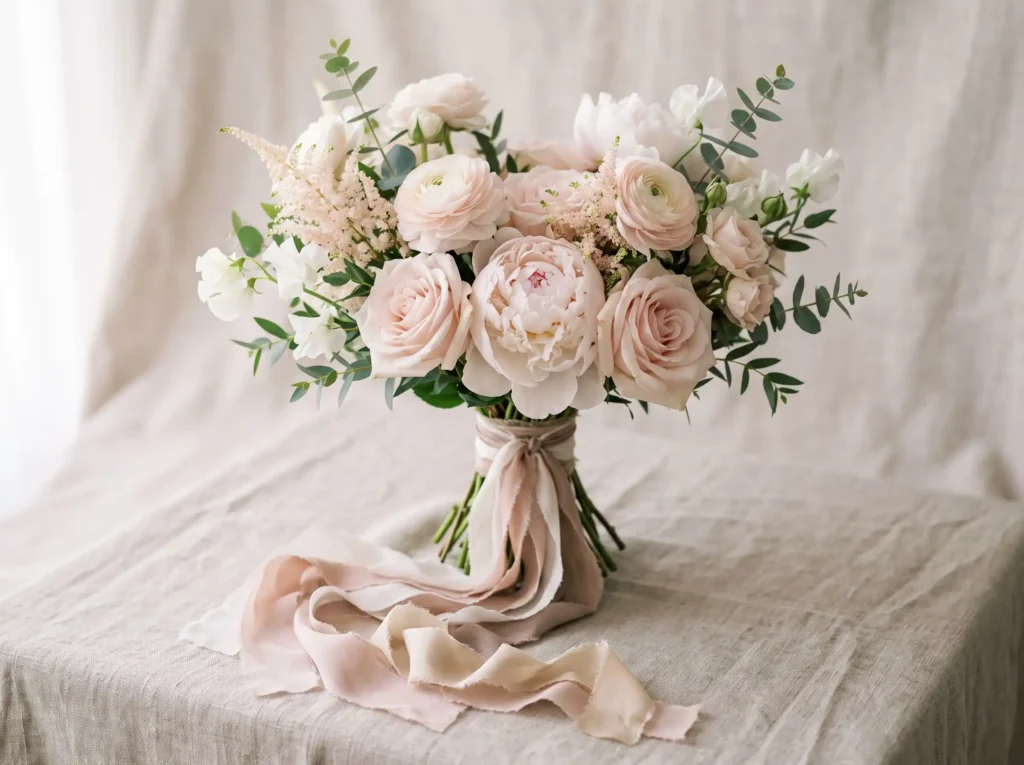 Soft Blush Romance Inspiration Delicate florals Blush roses hand tied bouquet K
