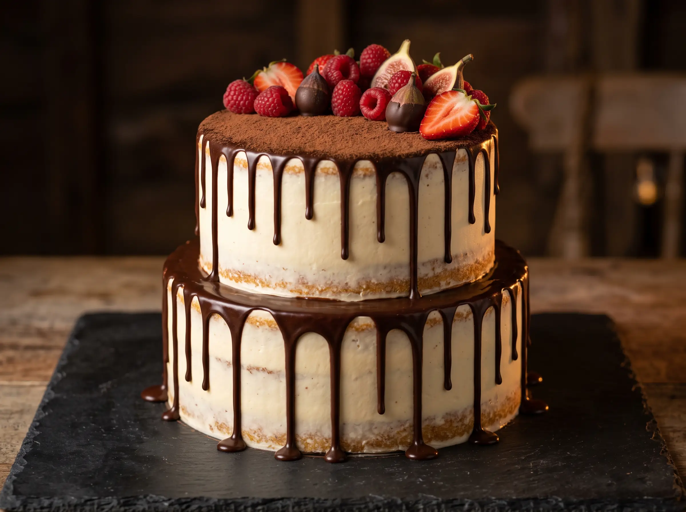 Semi-naked chocolate ganache drip wedding cake topped with fresh raspberries and strawberries