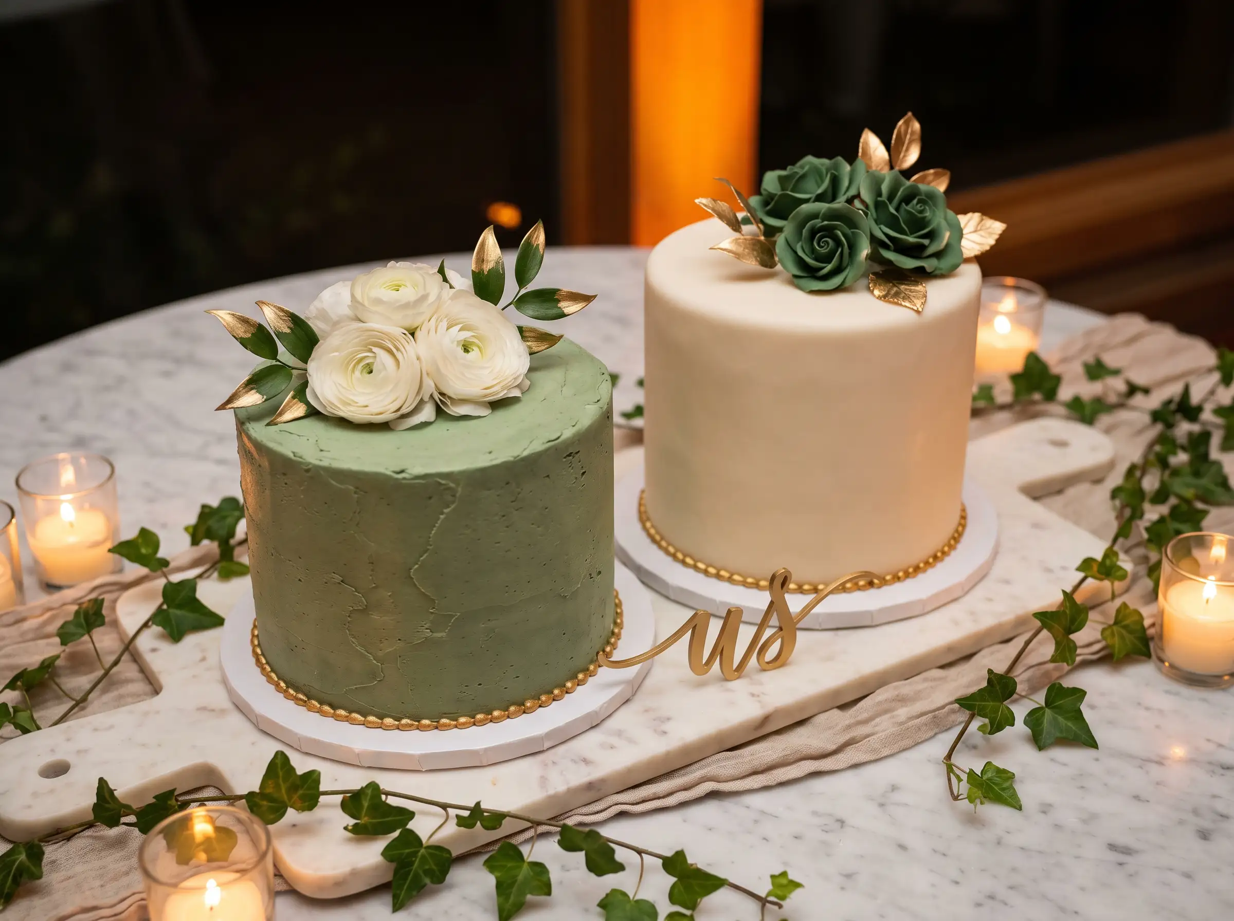 Two petite cakes side by side, sage green and ivory, with roses, gold leaves, and us sign