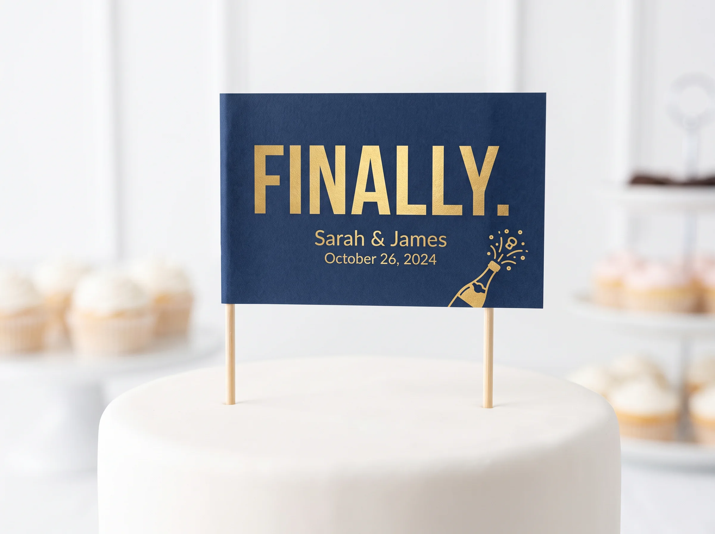 Navy and gold Finally funny sentiment wedding cake topper flag with champagne