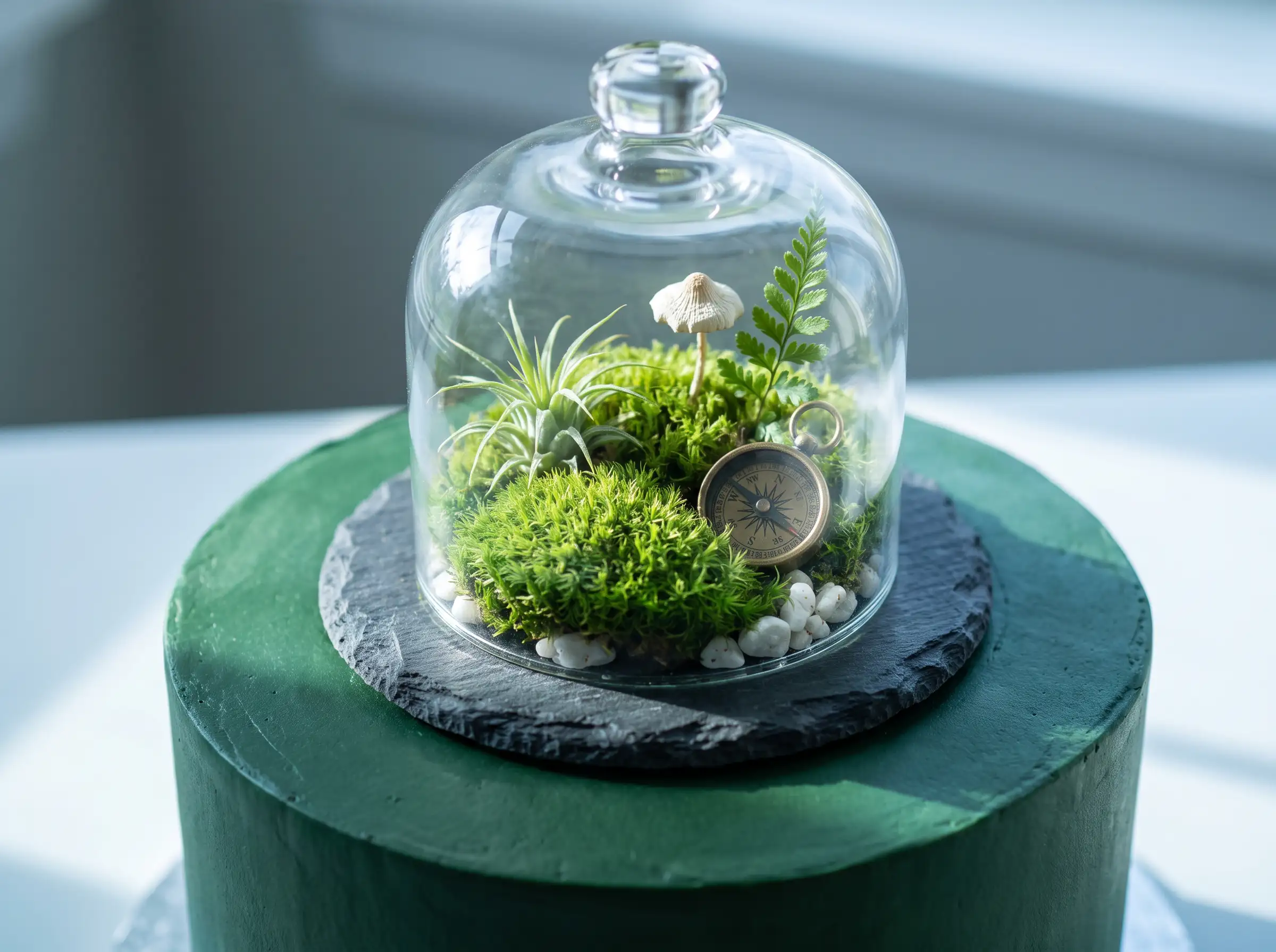 Glass cloche terrarium cake topper with live moss fern mushroom and brass compass on green cake