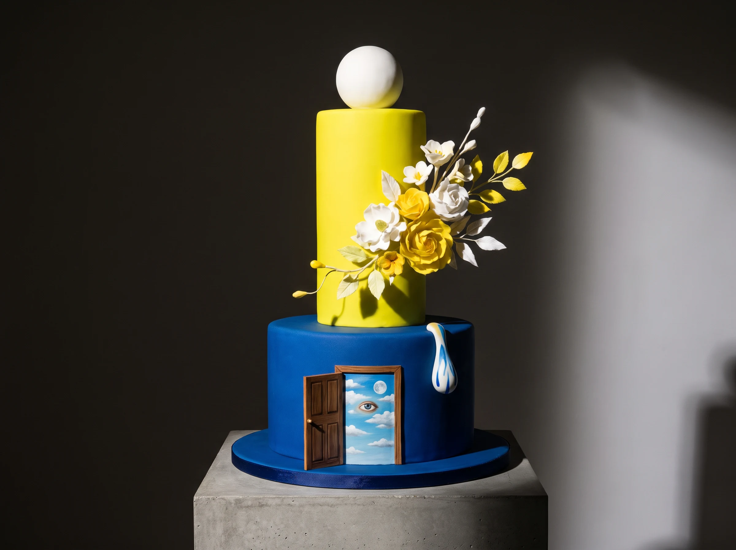 Asymmetrical surrealist wedding cake with cobalt blue acid yellow and melting fondant details