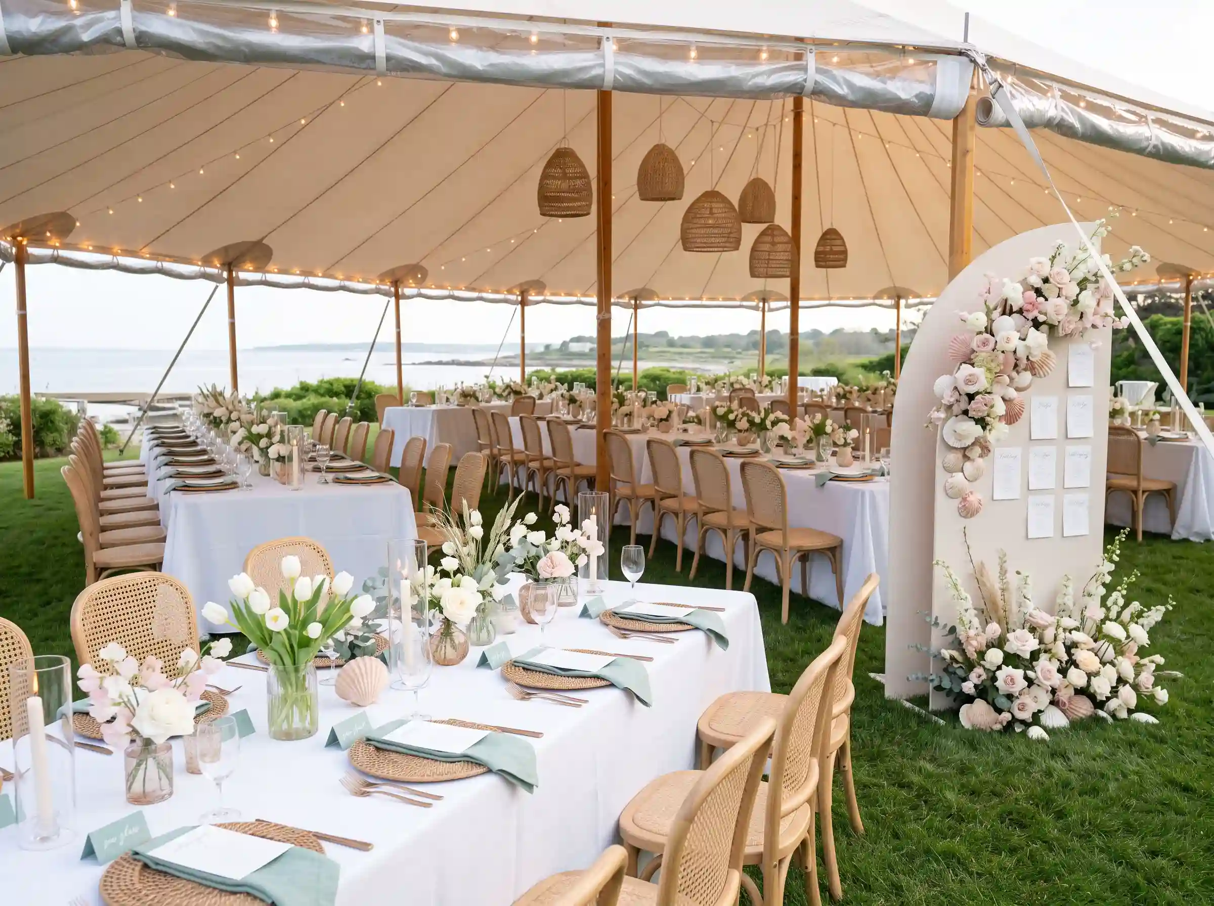 White linen coastal lawn reception with sailcloth tent and diagonal table arrangement on manicured grass