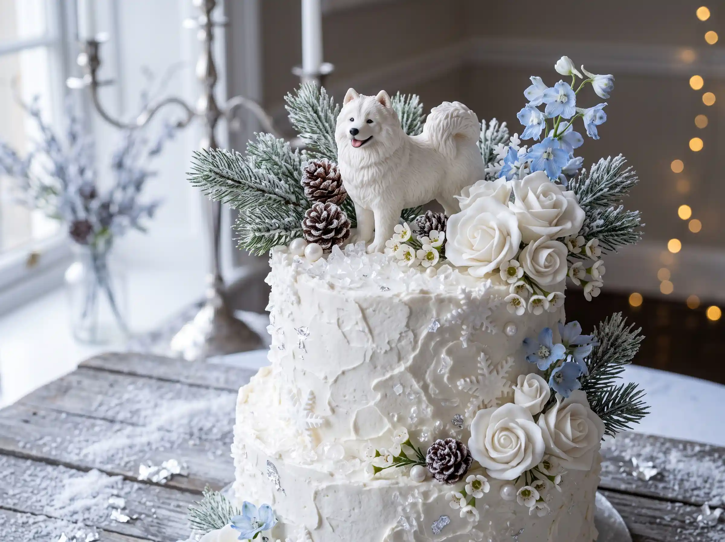 Winter wedding cake with white Samoyed dog topper and snowy frosted textures