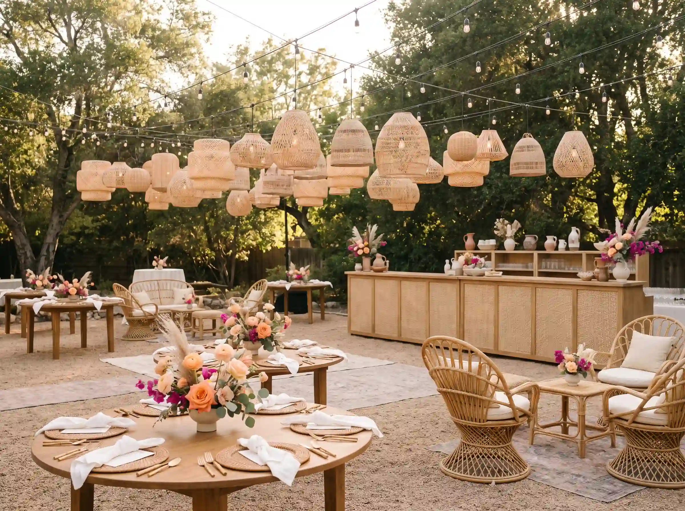 Light and airy woven rattan garden party wedding reception with peacock chairs