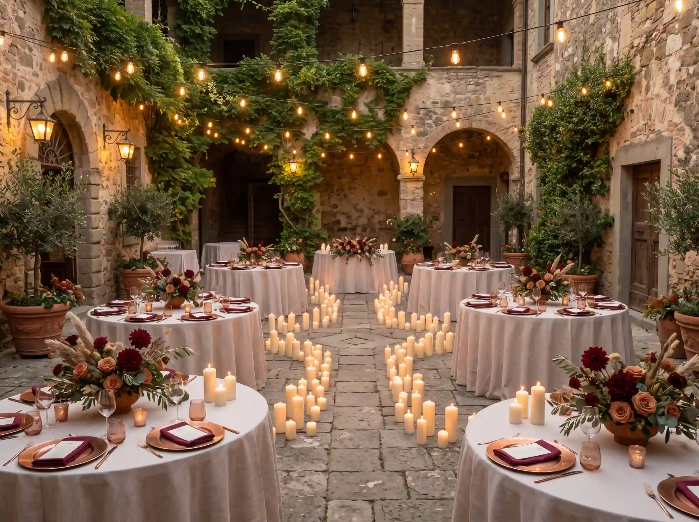 Historic stone courtyard wedding reception with pillar candles linen tables and autumn floral centerpieces