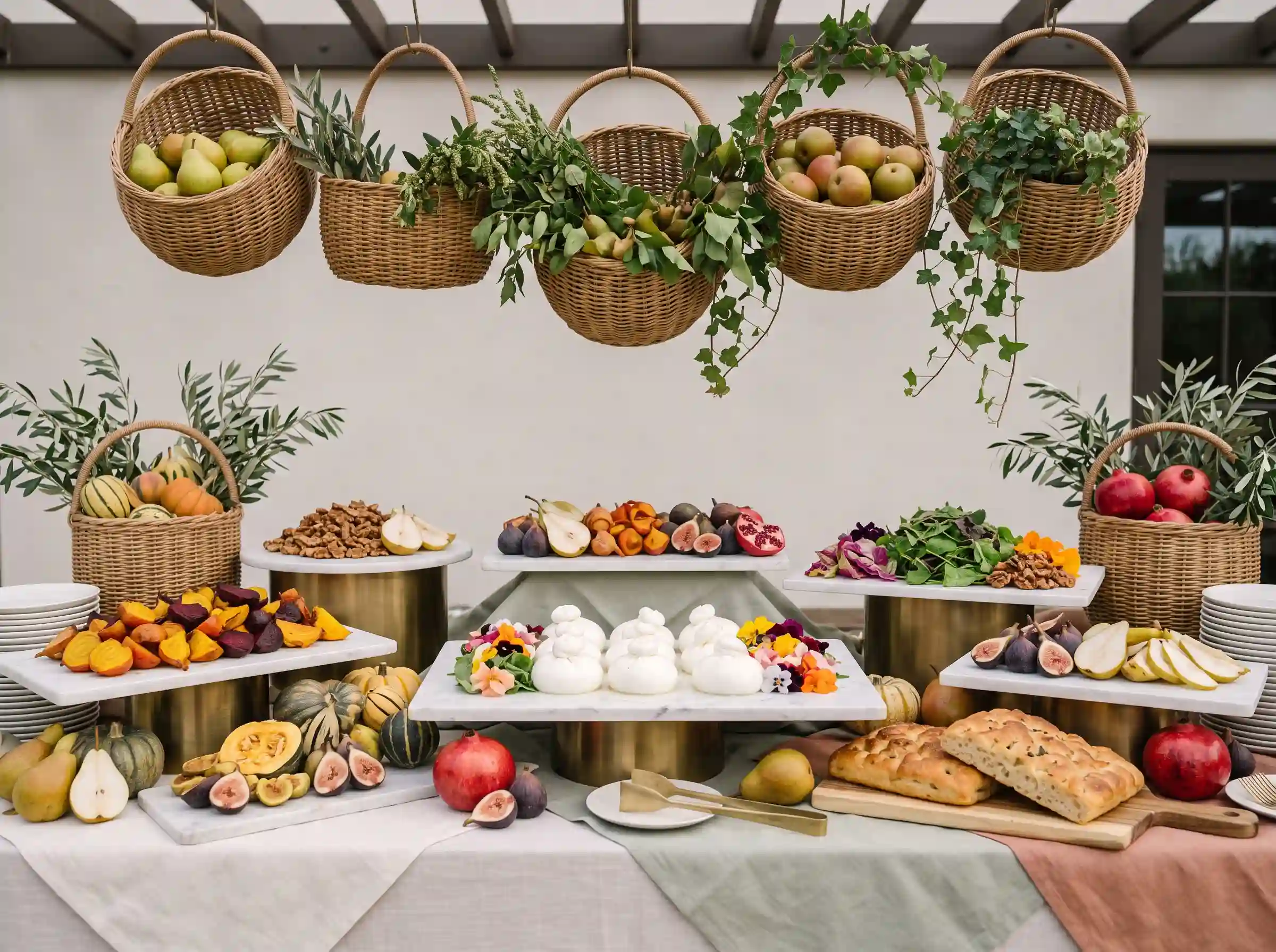 Burrata and seasonal salad market display with marble platters hanging baskets and autumn produce at wedding
