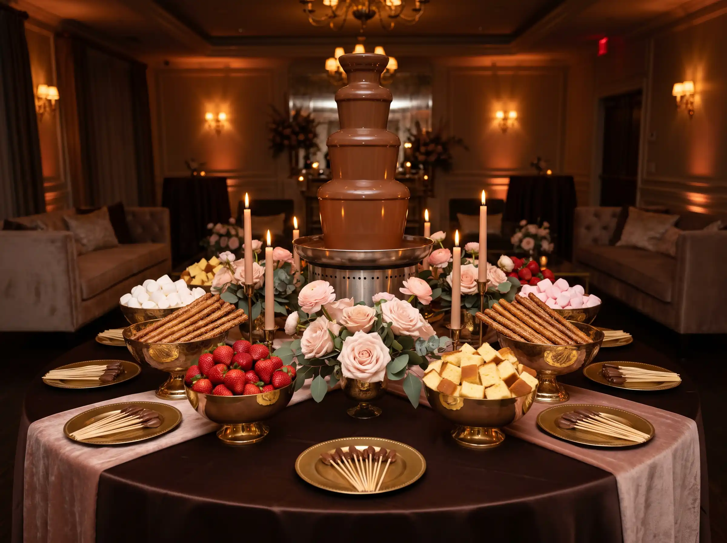 Cascading chocolate fondue fountain on velvet draped round table with gold bowls of strawberries marshmallows and blush florals