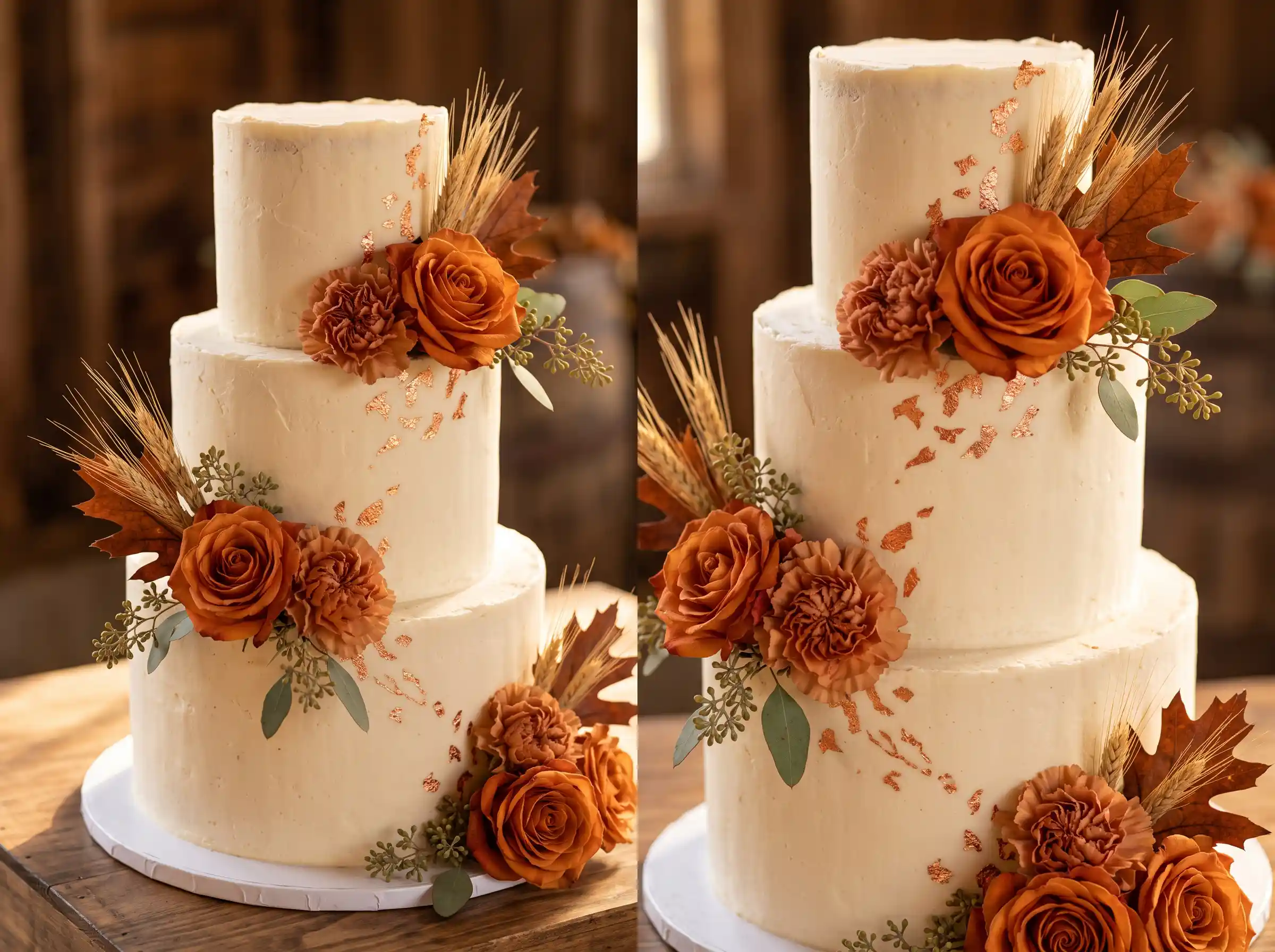 Autumn wedding cake with copper metallic accents and warm harvest tones on tiered design