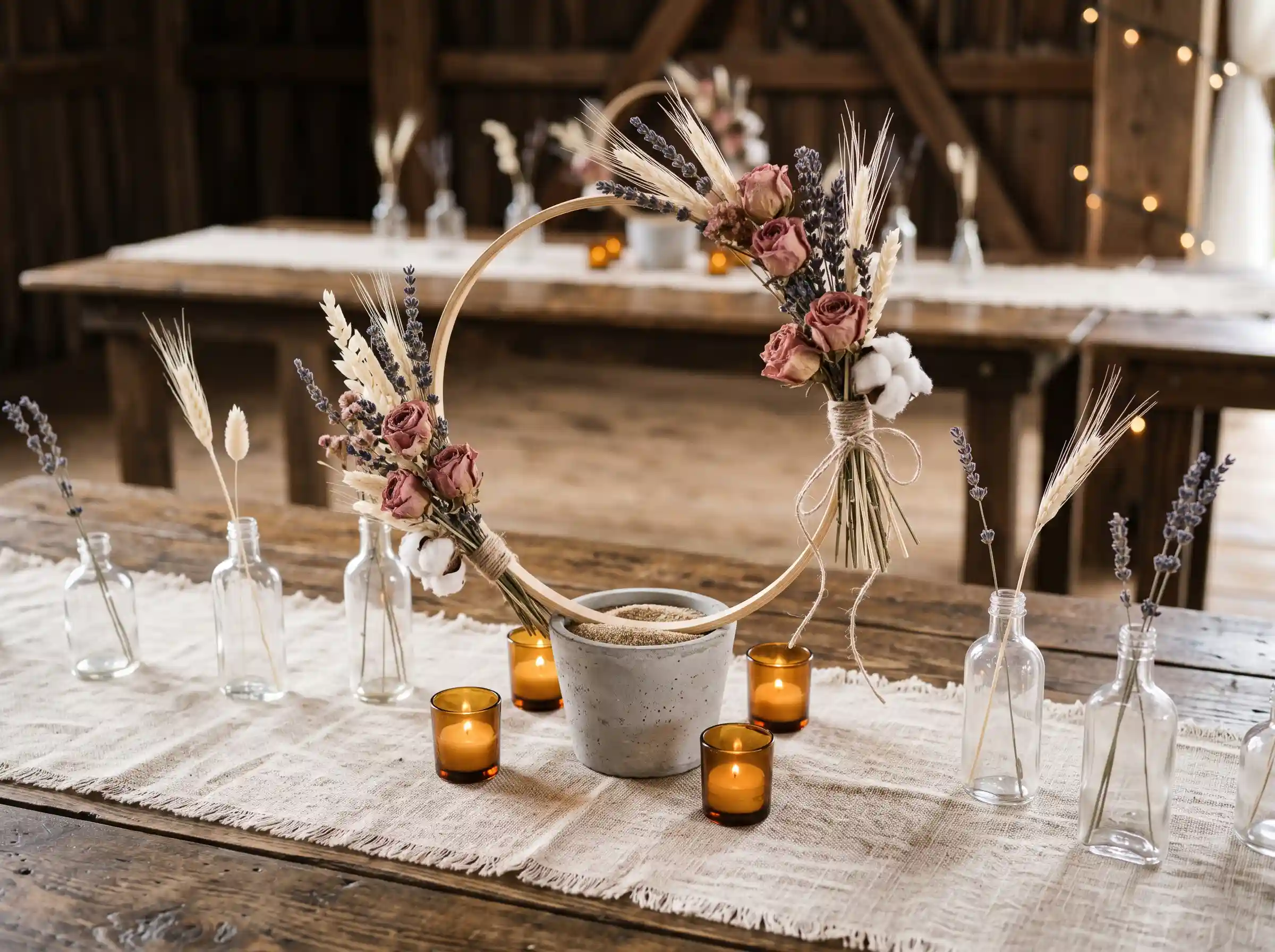 Dried floral hoop centerpiece with roses lavender wheat and cotton bolls propped in a sand-filled cement pot