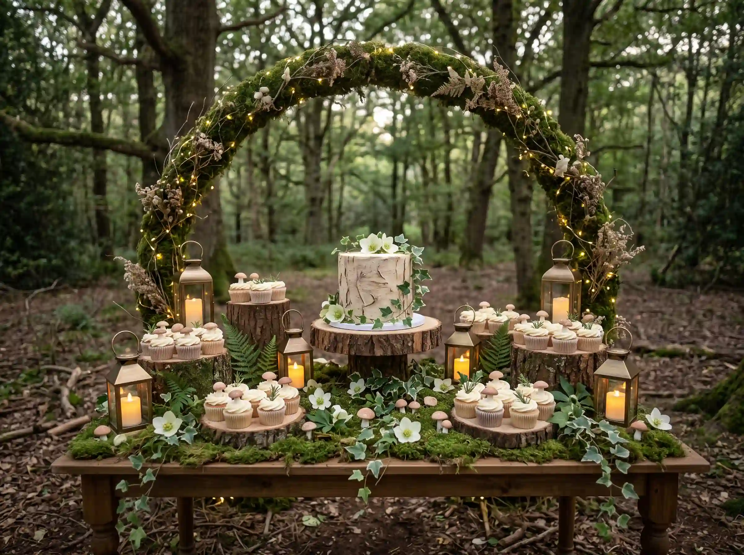 Enchanted woodland grove dessert display with fairy tale small cake mushroom cupcakes and forest accents