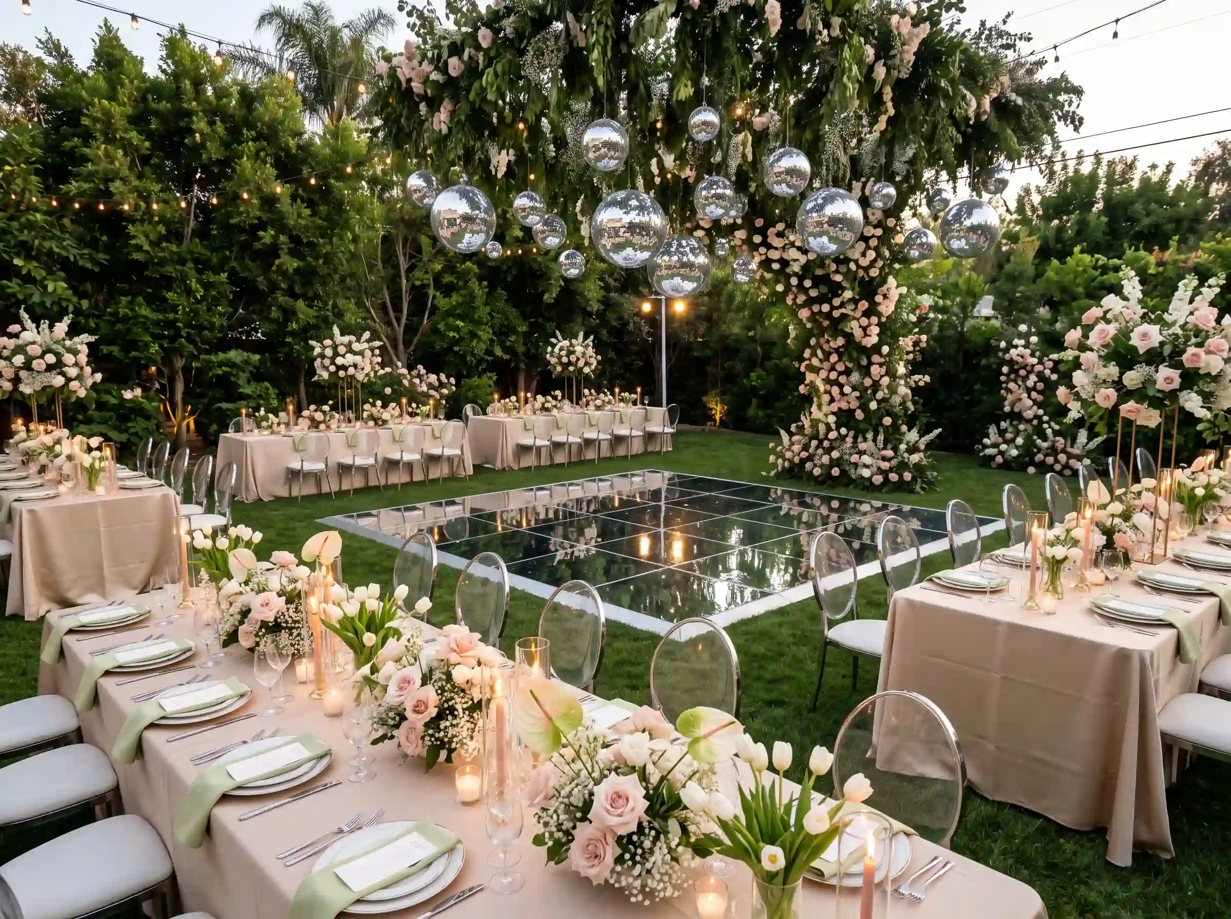 Elegant garden disco reception with mirrored dance floor suspended disco balls blush roses and champagne tones