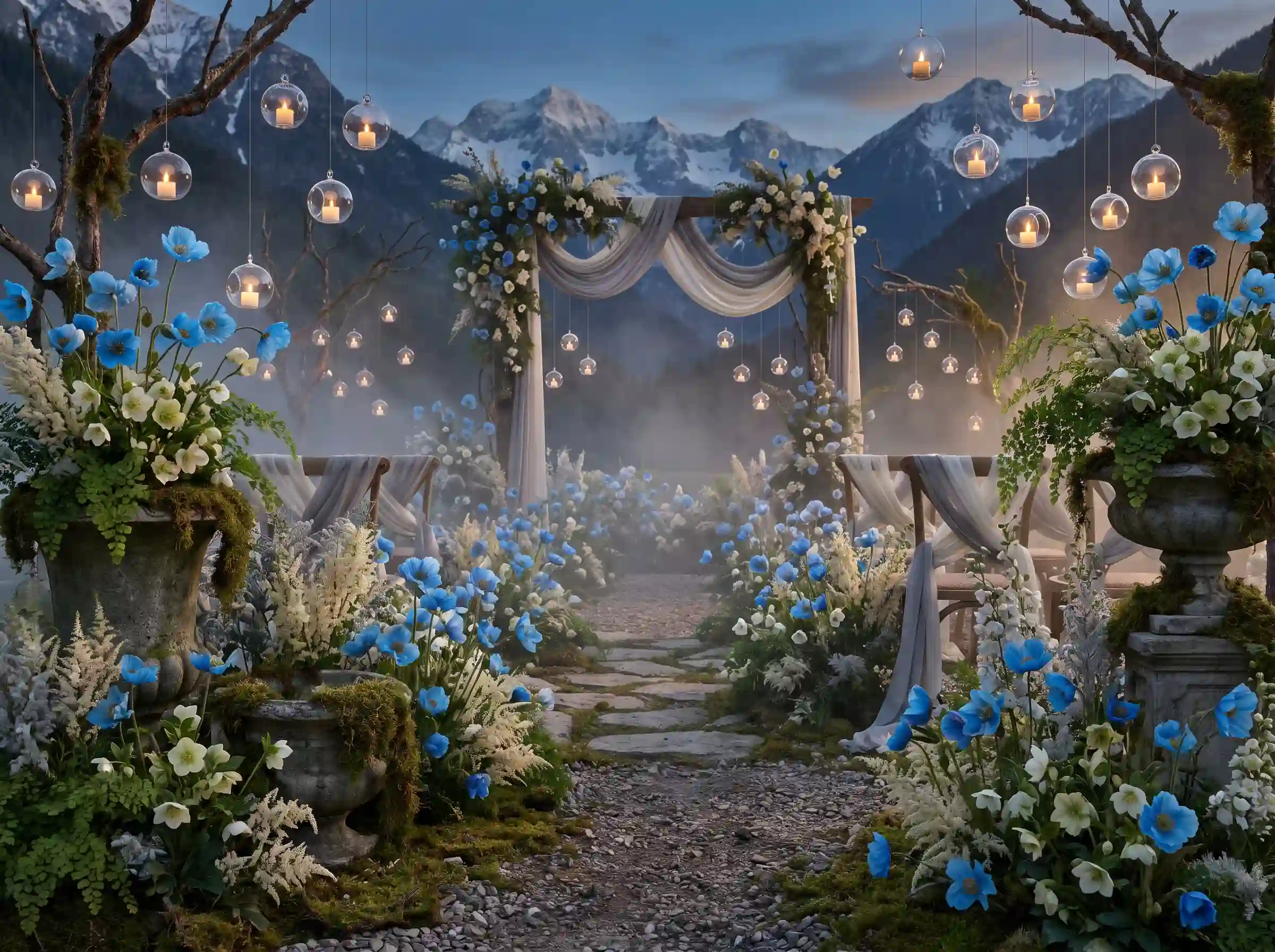 Rare Himalayan blue poppies with white hellebores and floating glass candle globes in an ethereal luxury wedding setting
