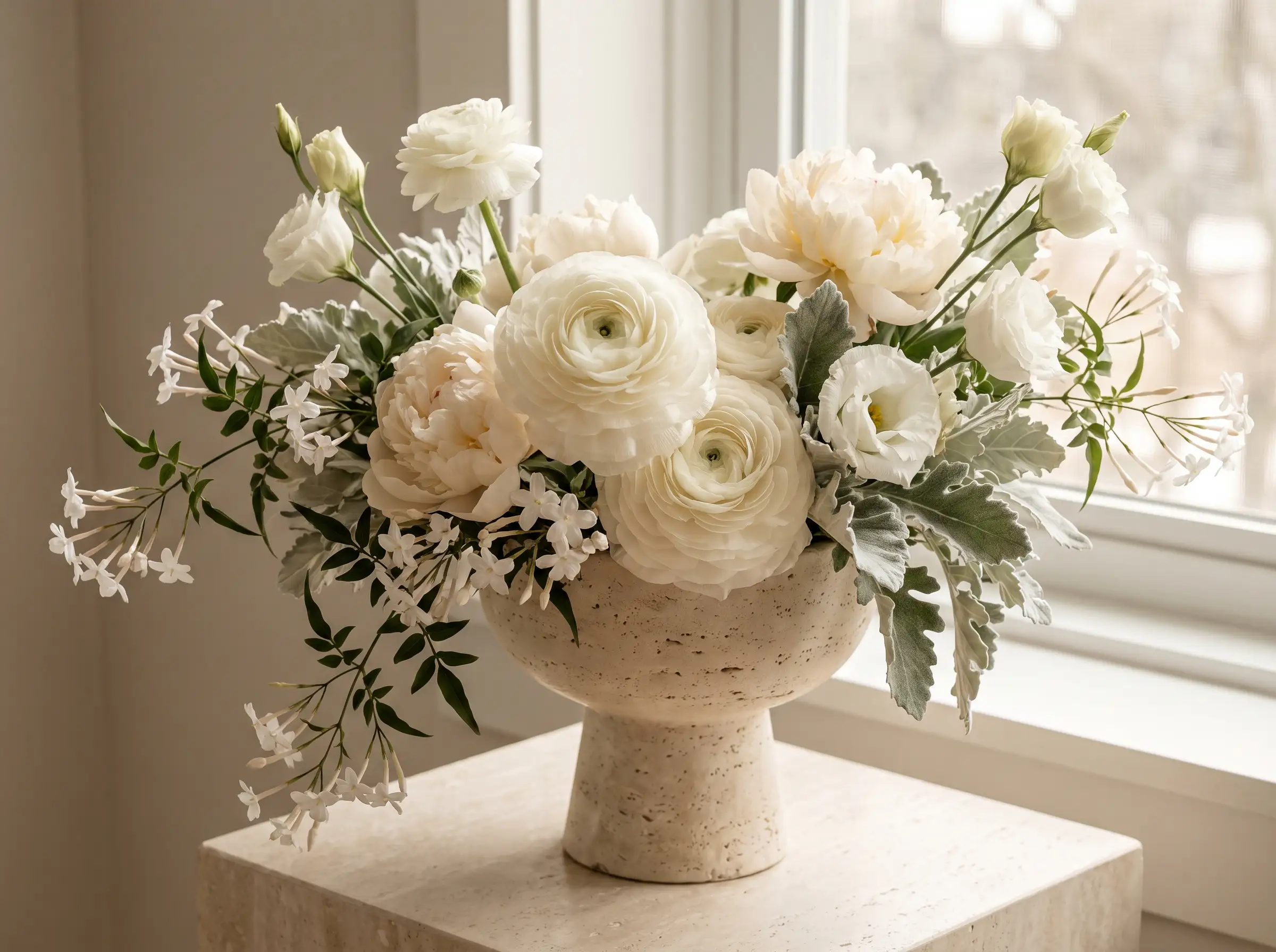 Ivory ranunculus luxe wedding arrangement with cream peonies white lisianthus in sculptural travertine vessel