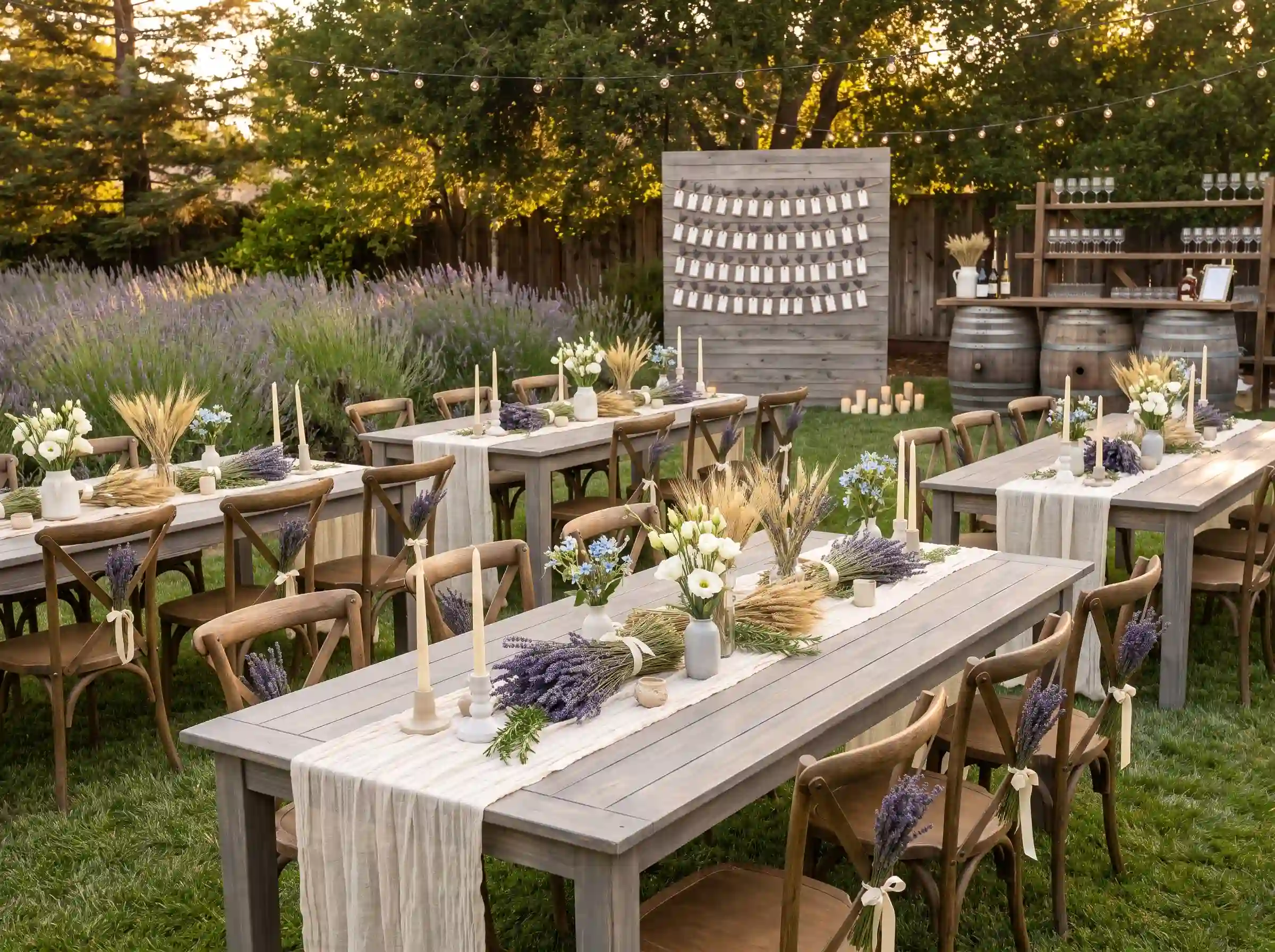 Fragrant lavender farm backyard wedding reception with graywashed tables and wheat