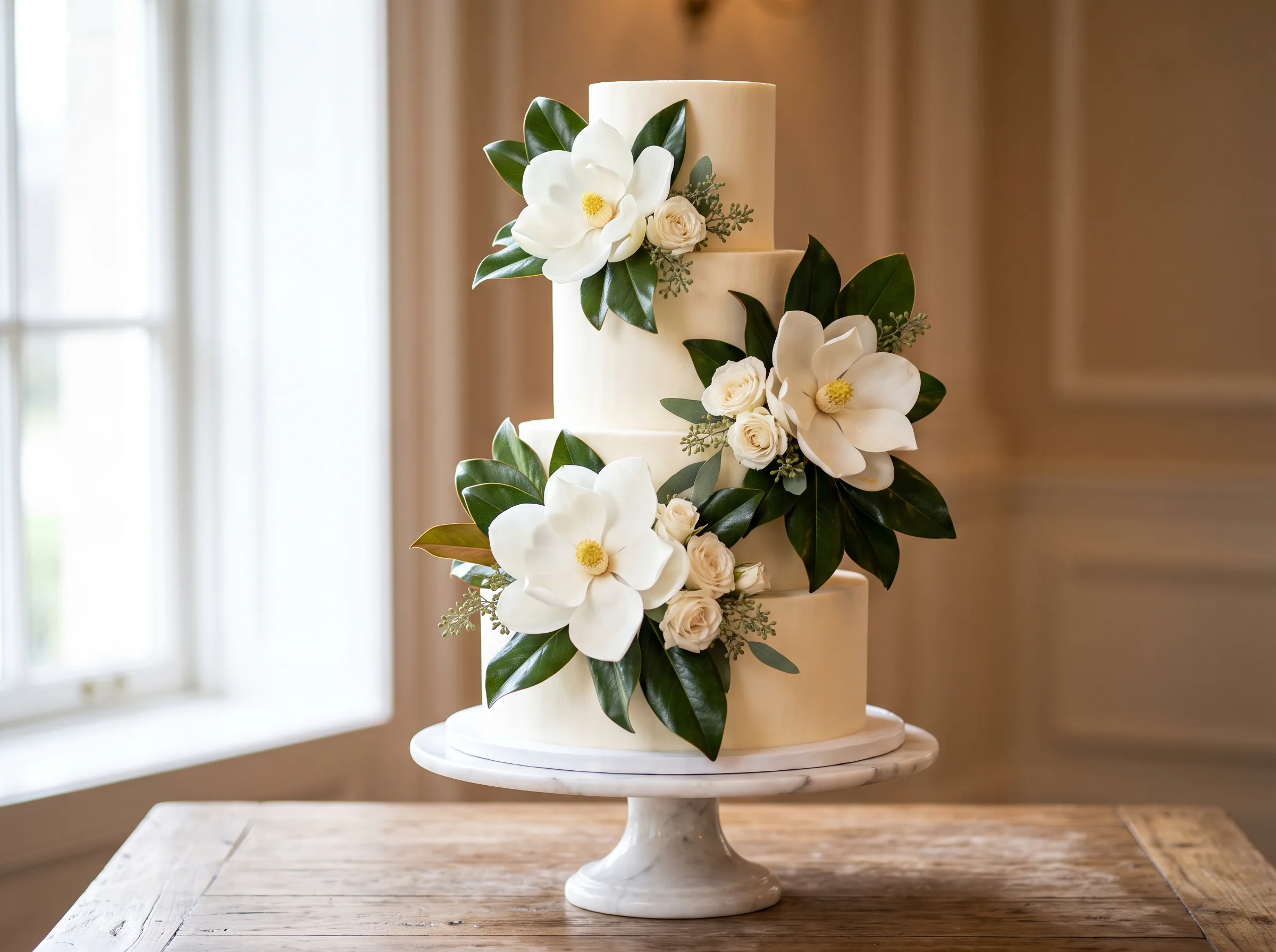 Grand Southern magnolia wedding cake with large creamy white magnolia blooms and glossy green leaves