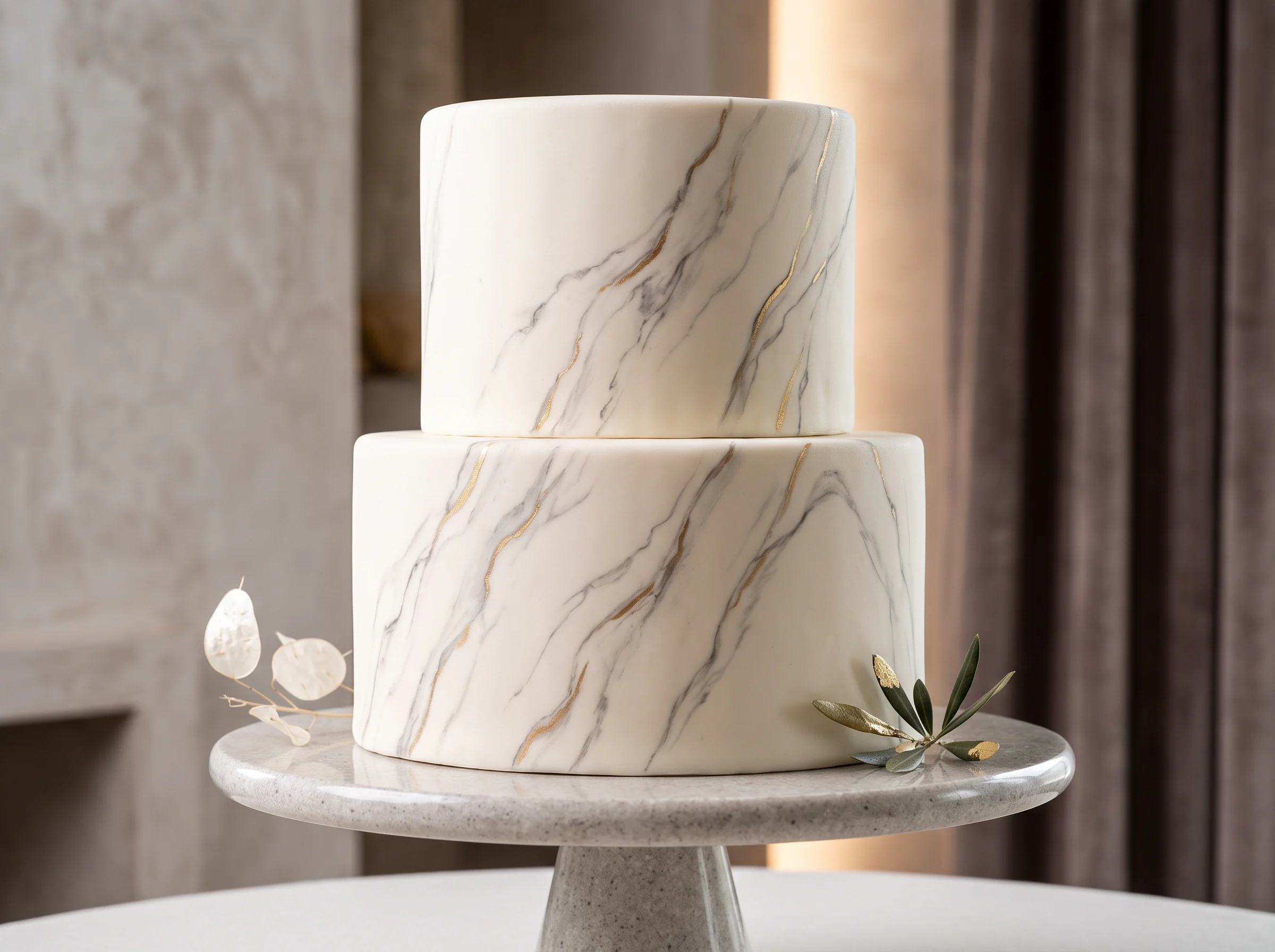 Elegant two-tier marble wedding cake with natural gray veins and polished gold accents