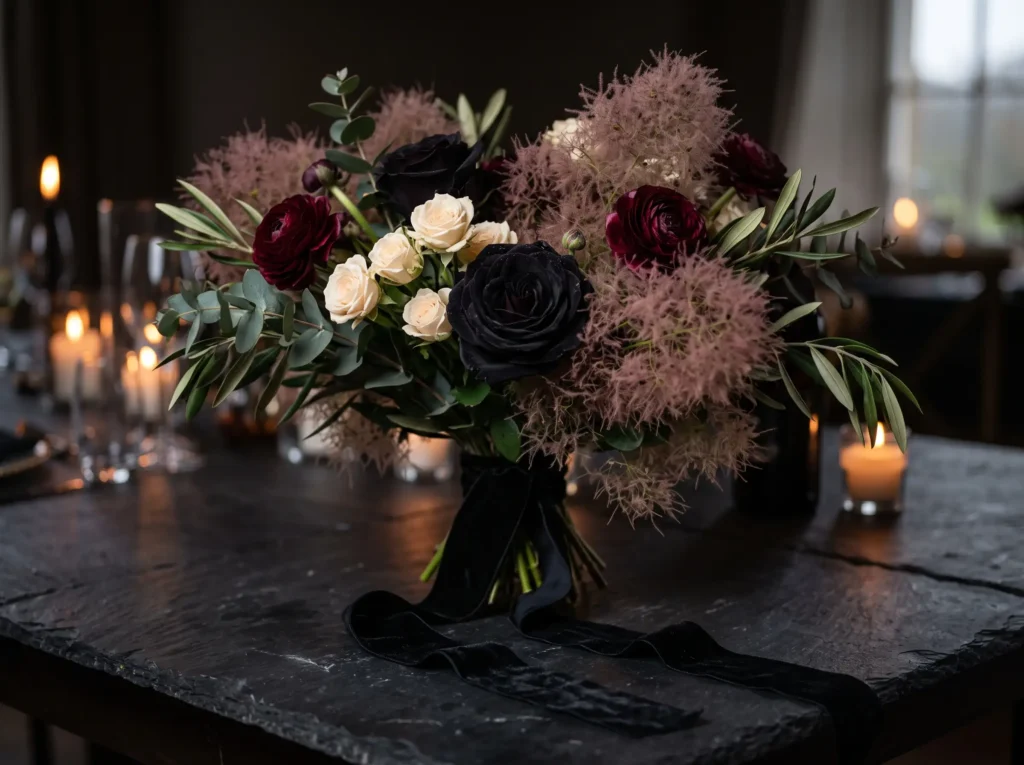 Midnight Romance Roses Inspiration A dramatic b Roses with eucalyptus and ribbon