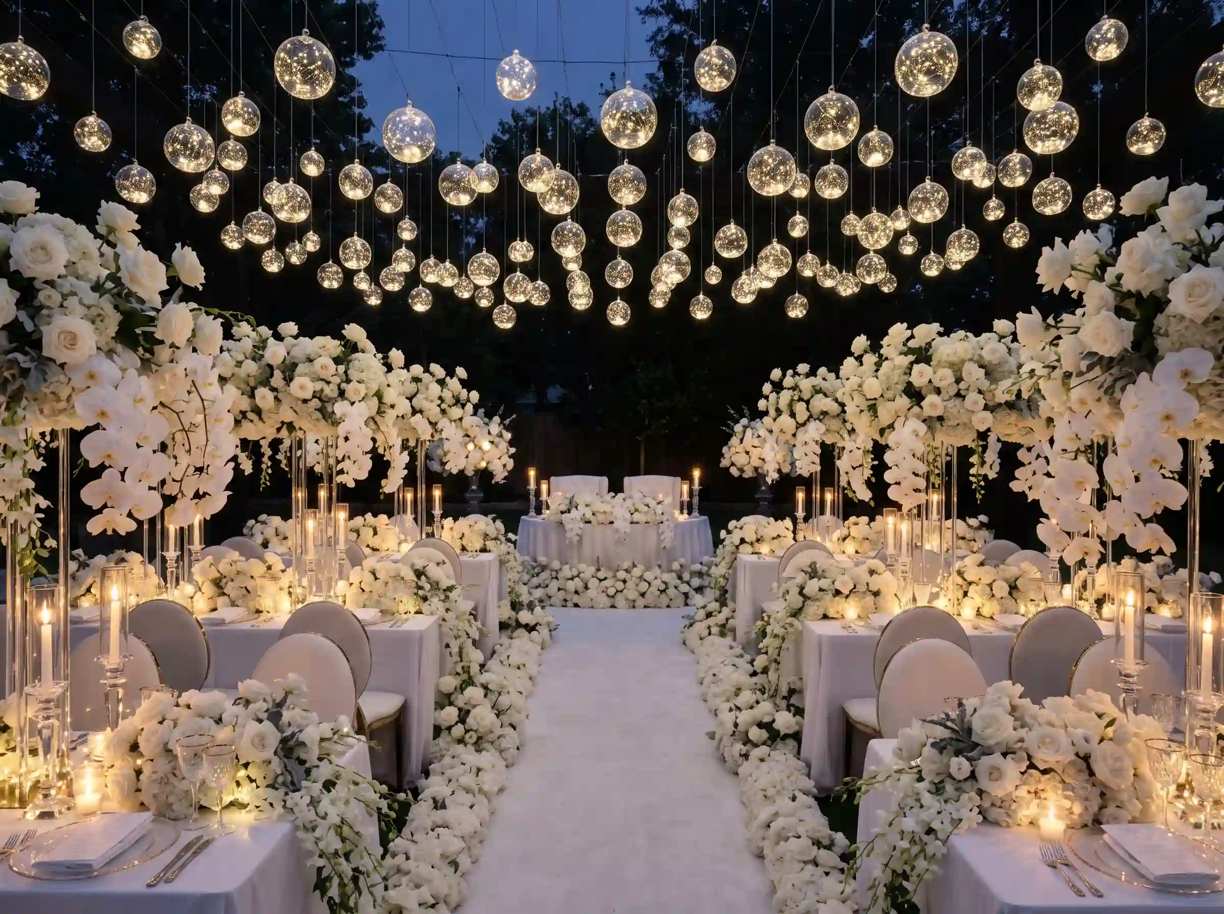 All-white moonlit garden reception with cascading orchids, glass orbs, and crystal candle holders glowing