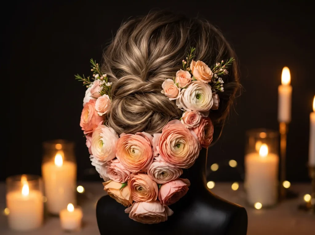 Ranunculus Romance Bun Inspiration Lush layered Ranunculus romance bridal bun K