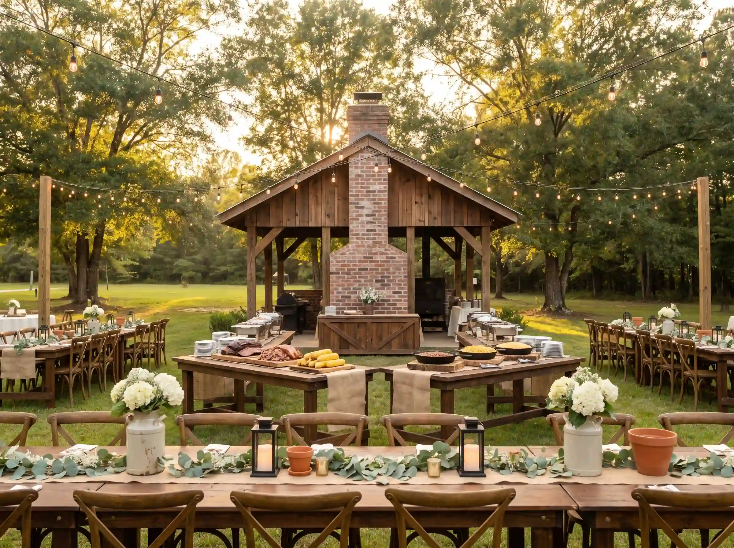 Rustic smokehouse barnyard wedding reception with reclaimed wood tables and hydrangea centerpieces