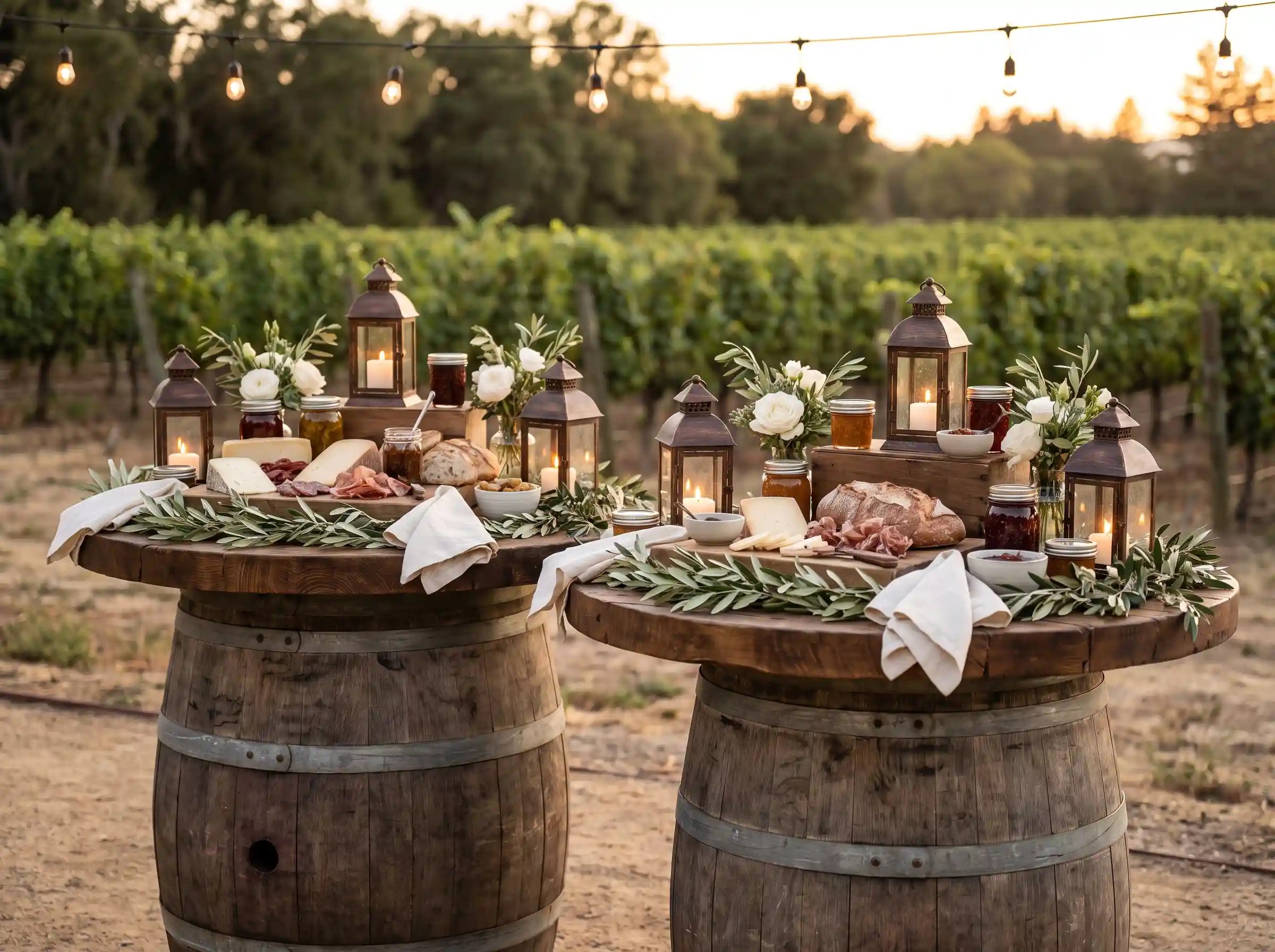 Rustic wine barrel tasting station with artisan cheese charcuterie olive foliage and lanterns
