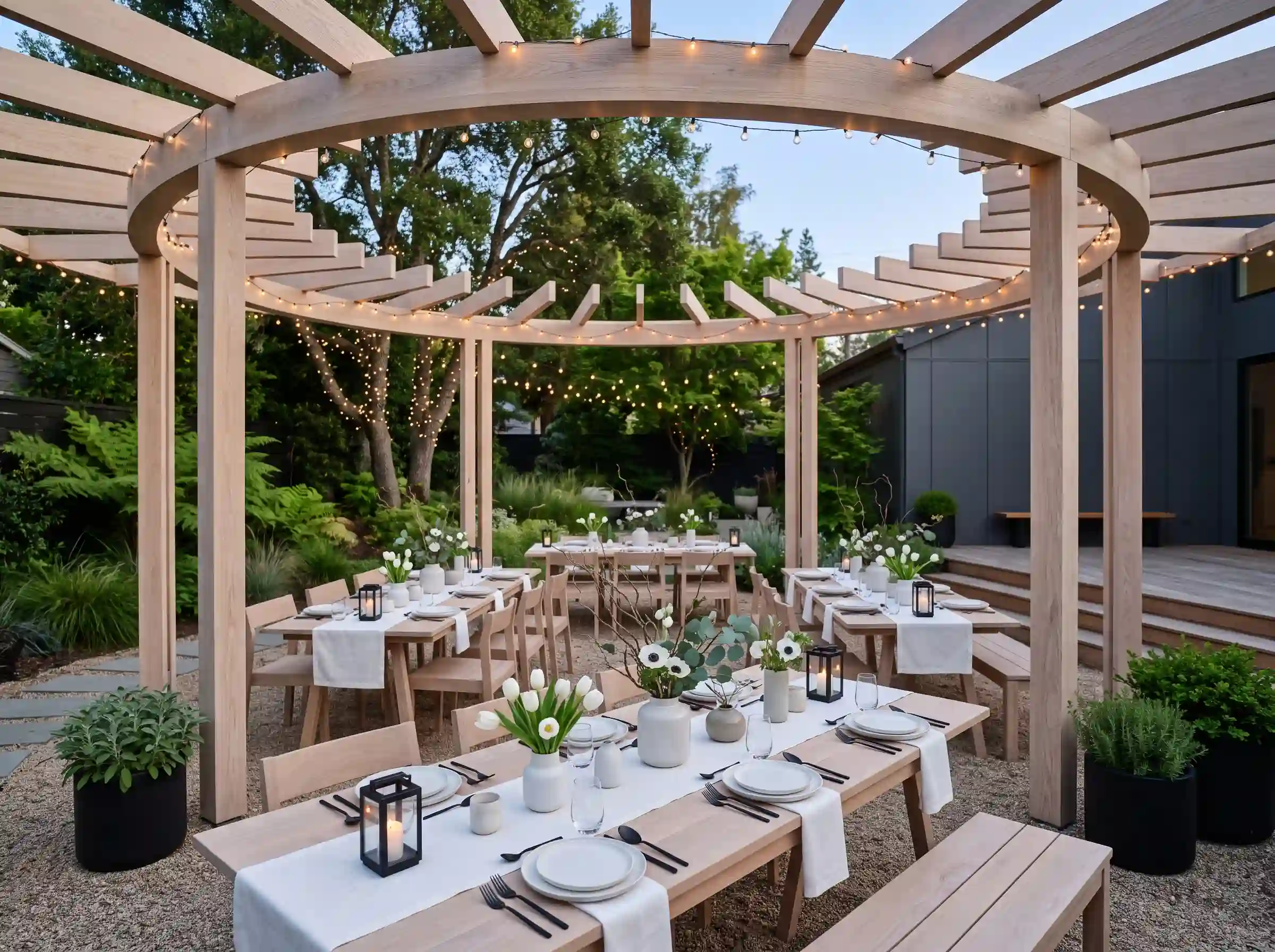 Scandinavian minimalist garden wedding reception with clean lines and neutral tones on modern simple tables