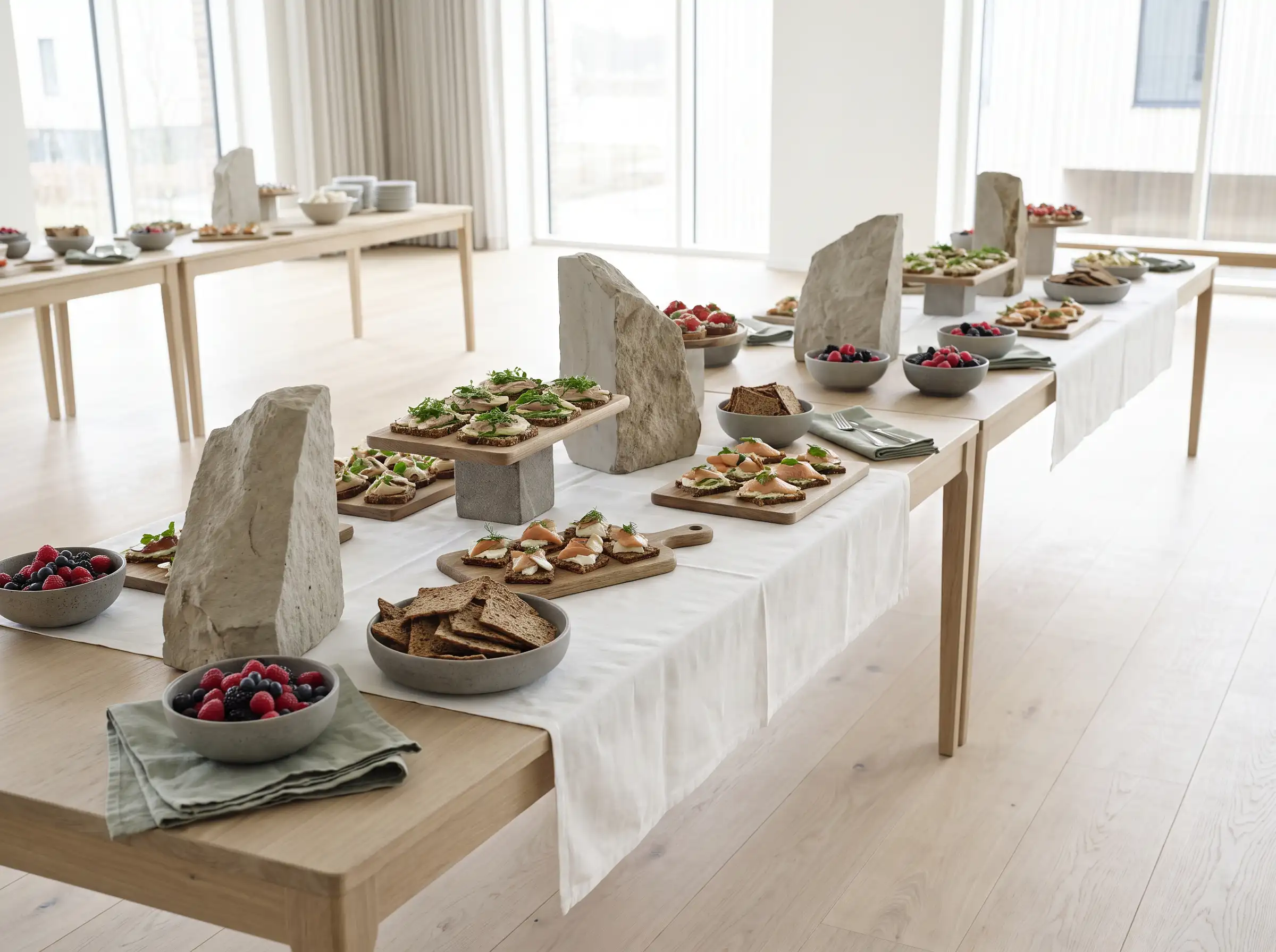 Scandinavian minimalist wedding buffet with stone platters open-faced sandwiches and soft natural daylight