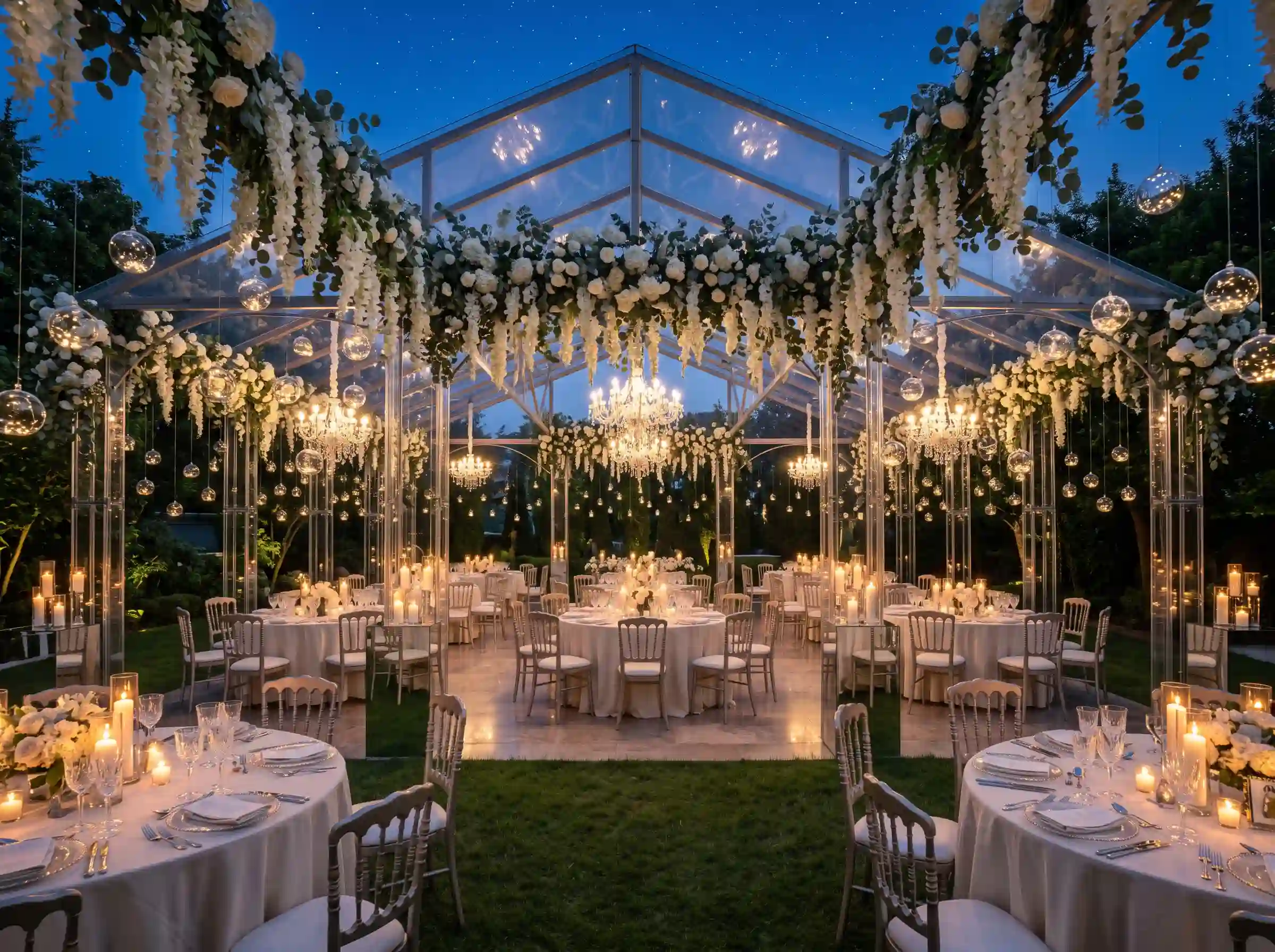 Starlit glasshouse courtyard reception with crystal chandeliers suspended glass orbs and cascading white florals