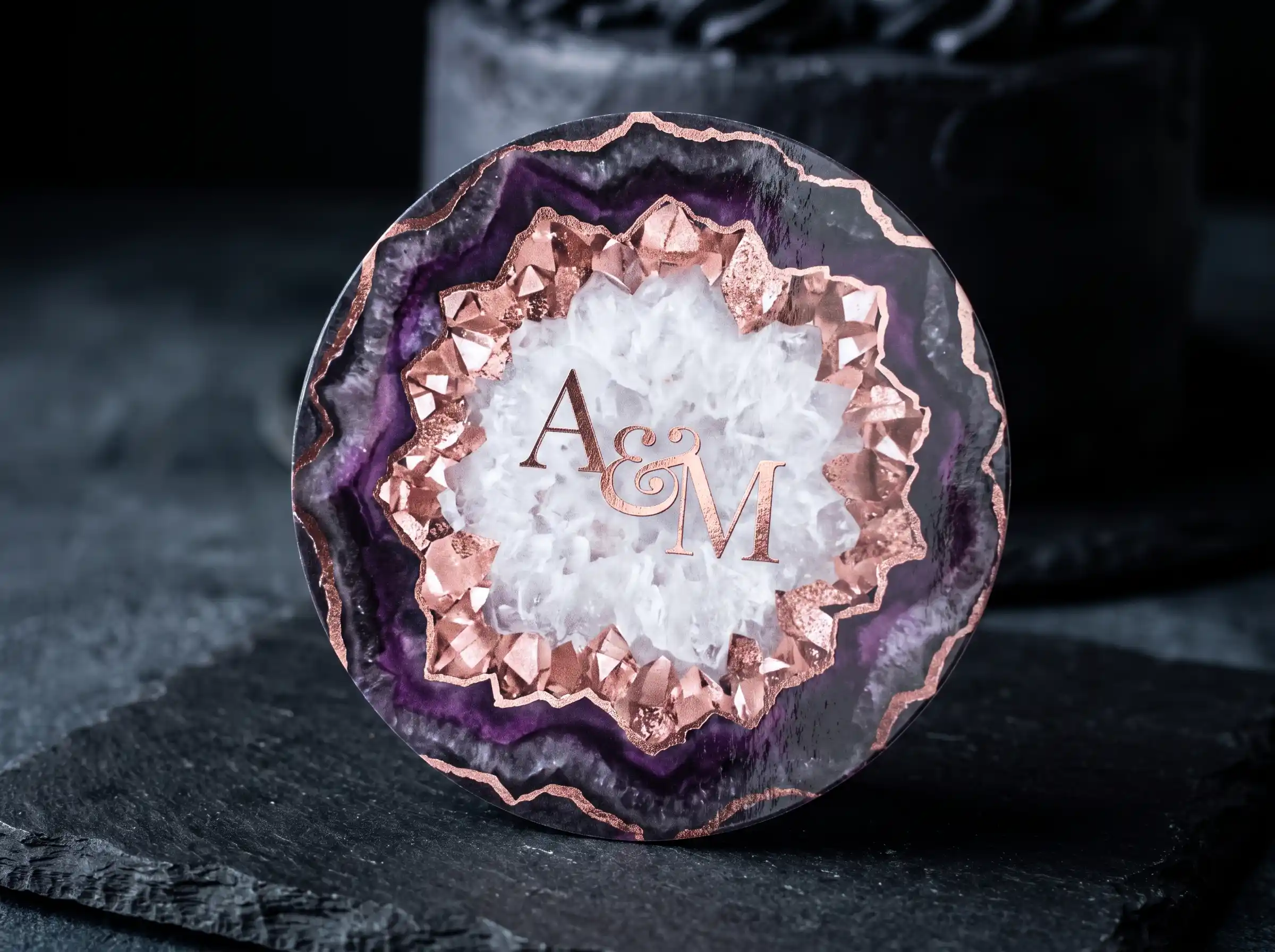 Geometric geode monogram cake topper with amethyst crystals and rose gold accents
