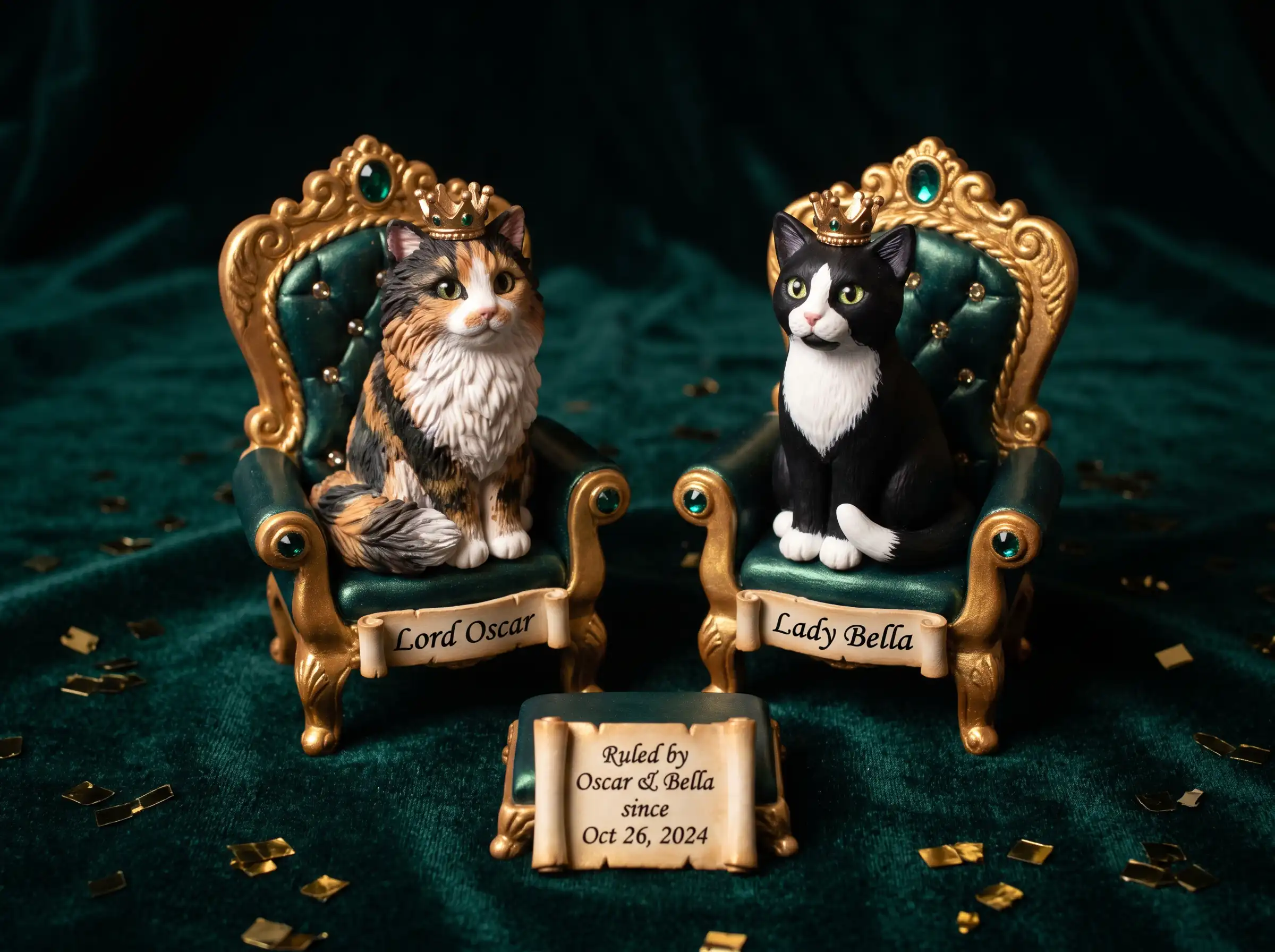 Two polymer clay cats wearing crowns seated on ornate golden thrones cake topper