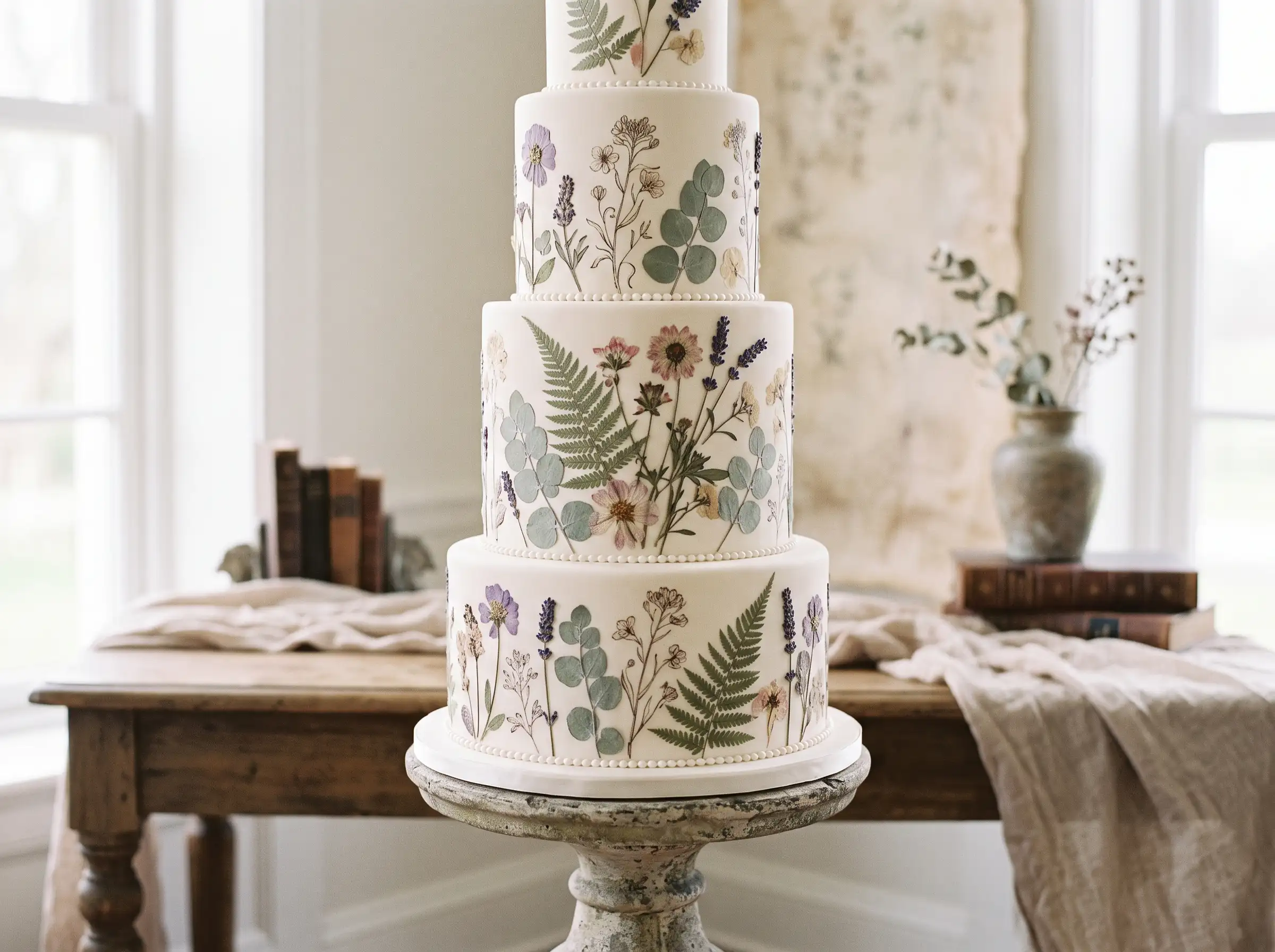 Vintage botanical wedding cake with pressed flower motifs and muted earth tones