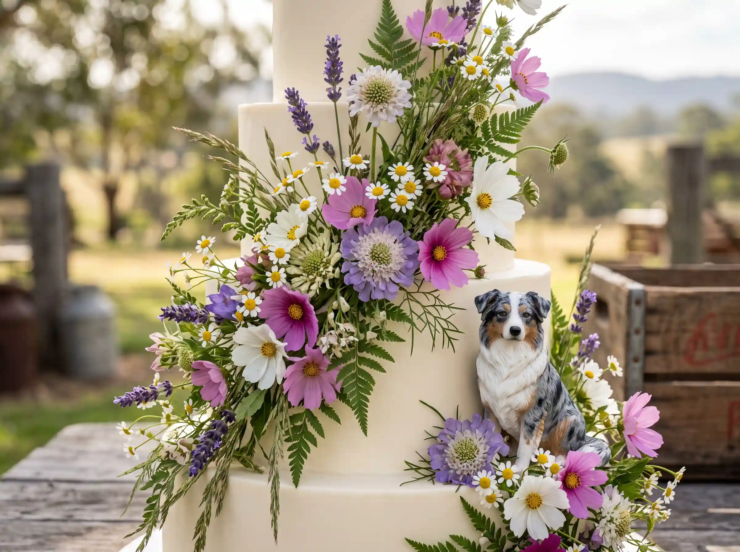 Wildflower wedding cake with Australian Shepherd figurine topper and meadow-inspired blooms