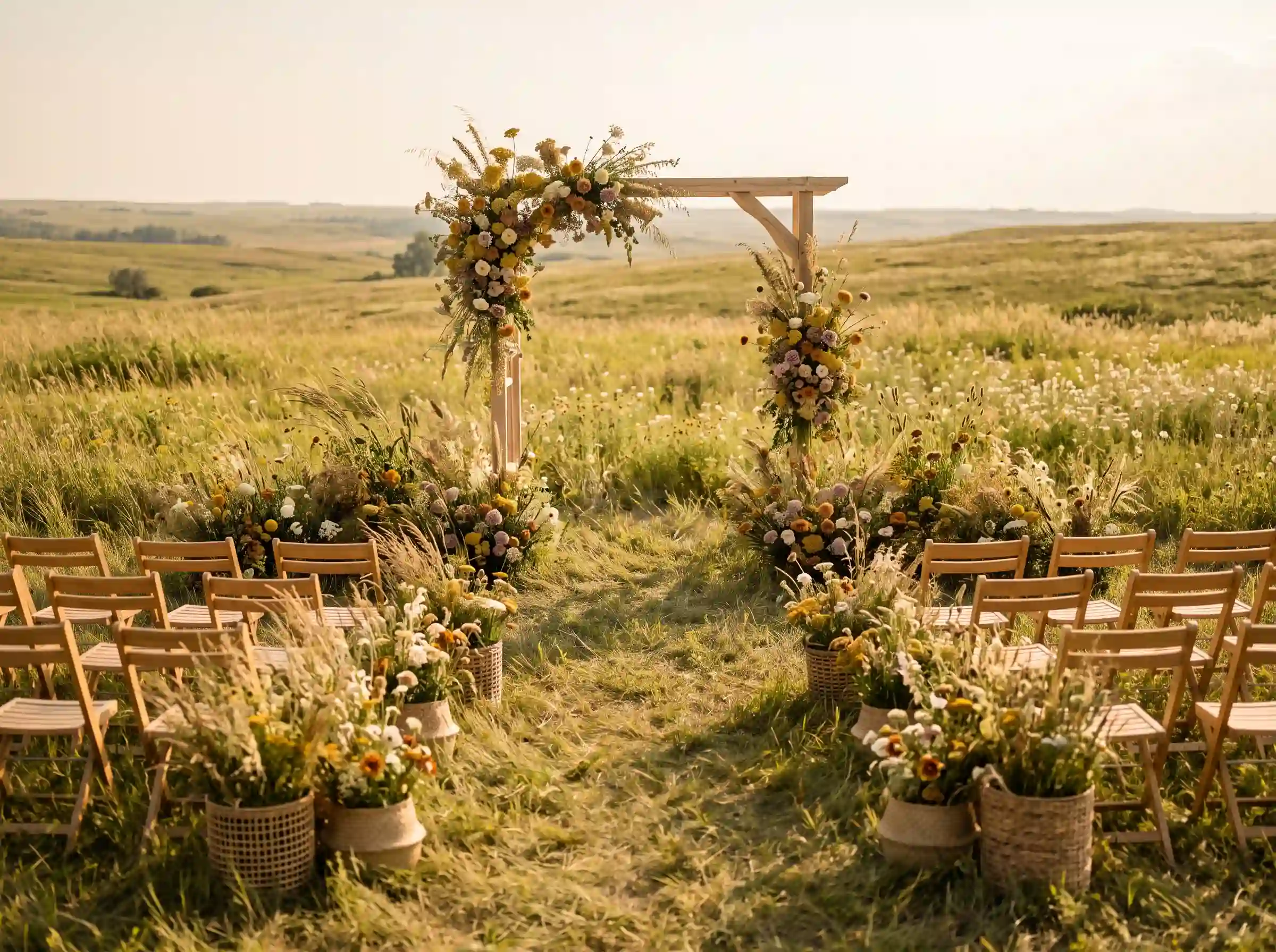 Wildflower meadow wedding ceremony with simple wooden arbor and natural prairie grass backdrop